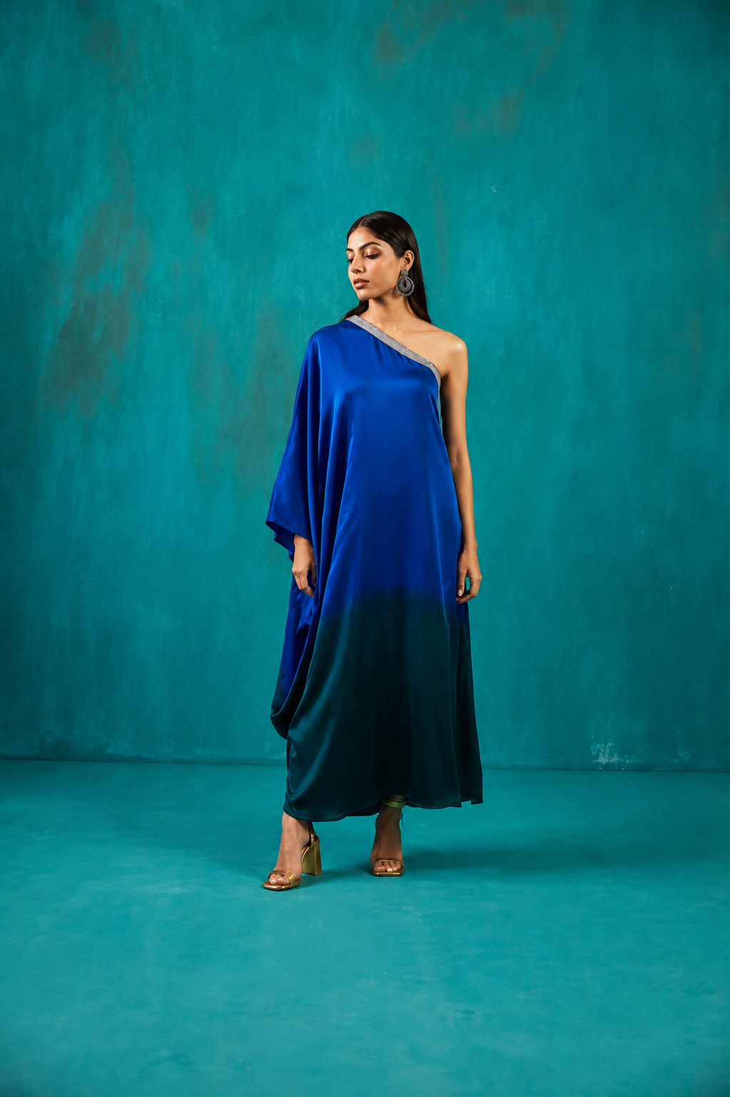 Teal Green One Shoulder Kaftan Dress