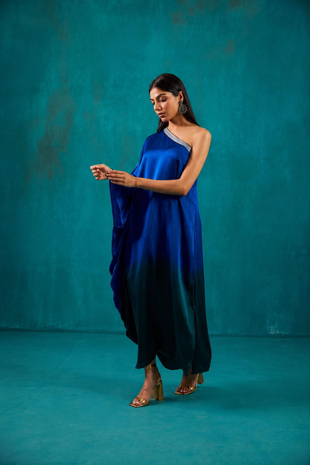 Teal Green One Shoulder Kaftan Dress