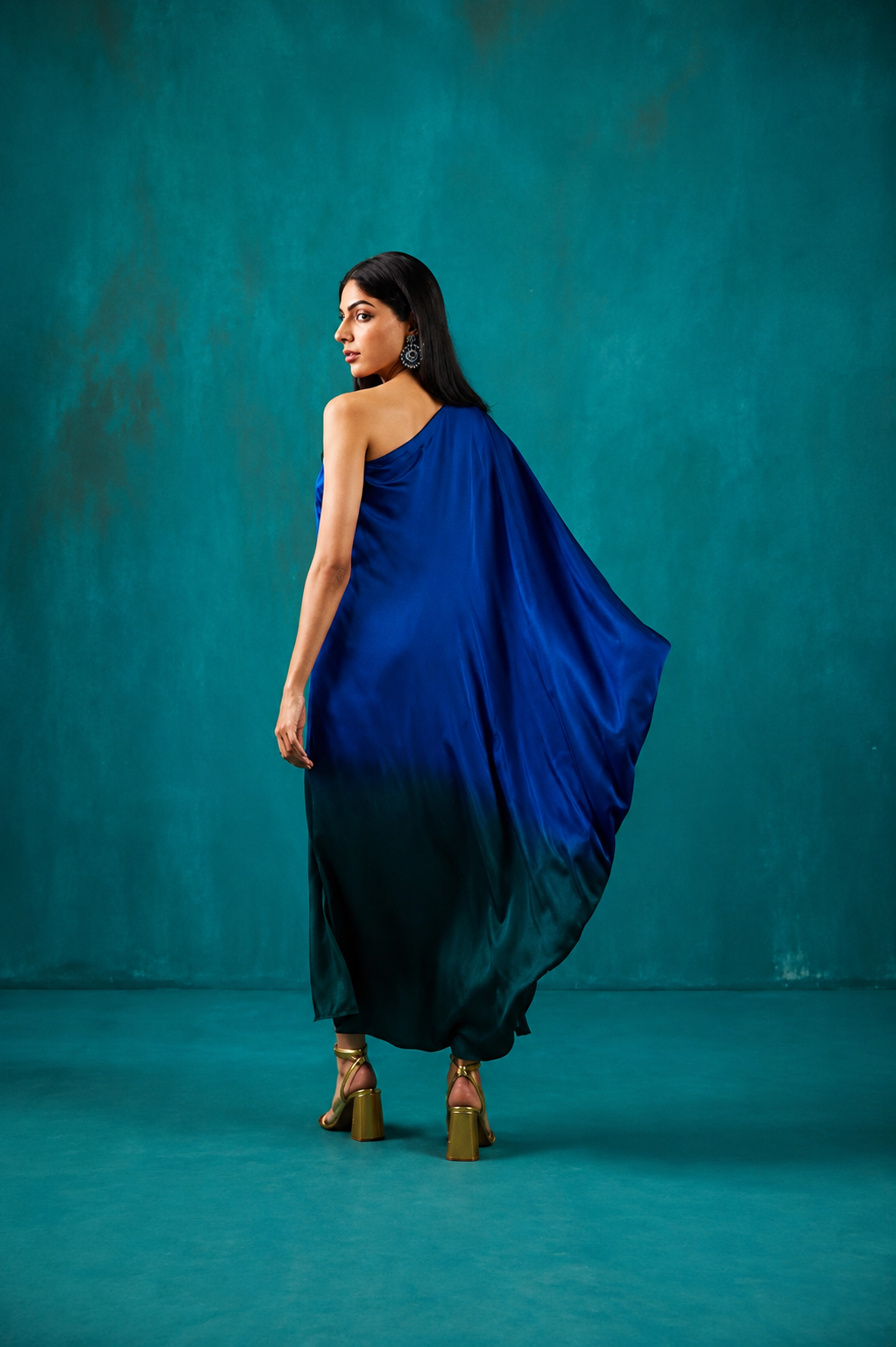 Teal Green One Shoulder Kaftan Dress