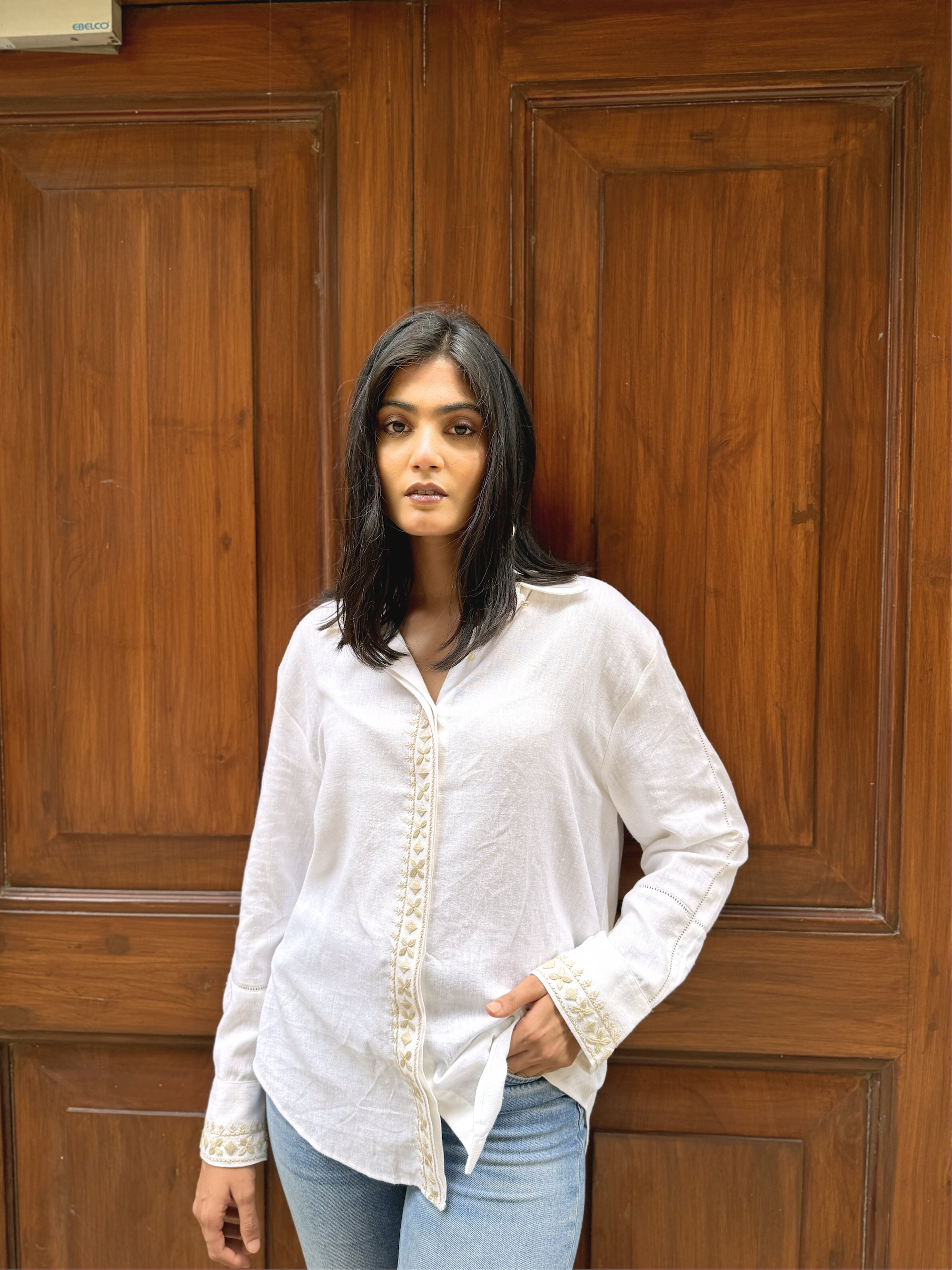 Ivory Linen Shirt with Hand Embroidery