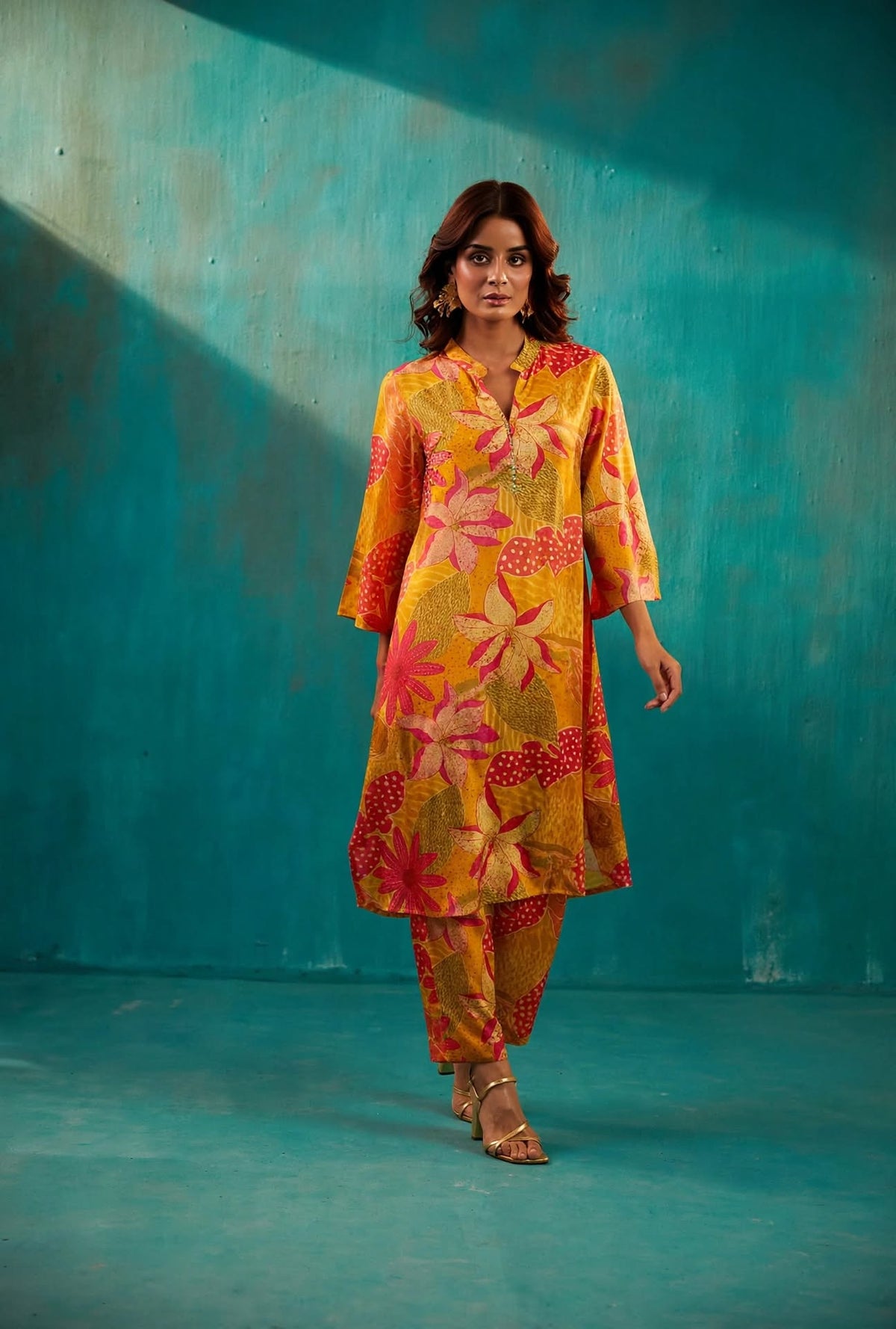 Yellow Floral Long Kurta Co-Ord Set