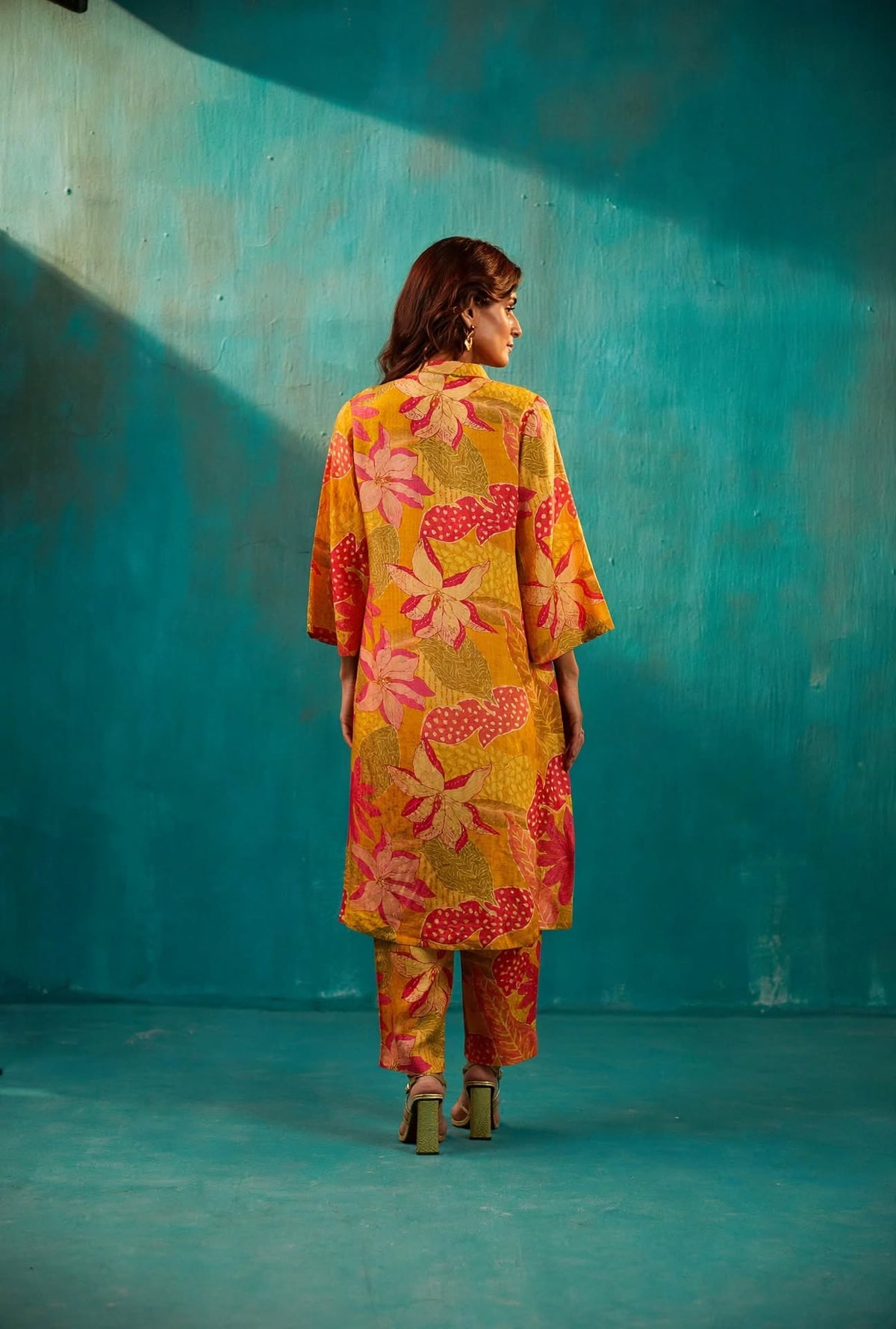 Yellow Floral Long Kurta Co-Ord Set
