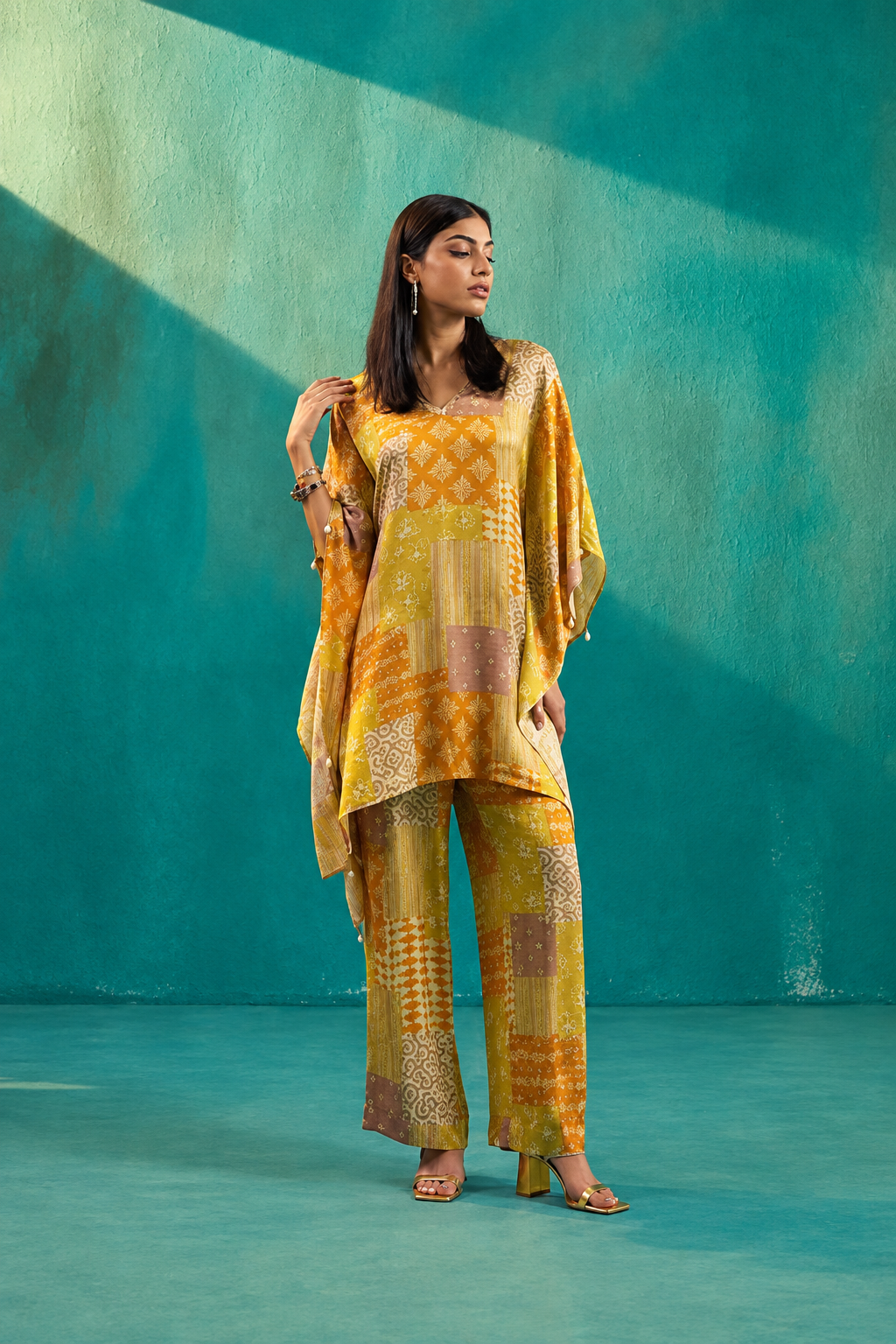 Yellow Printed Satin Kaftan Co-Ord Set