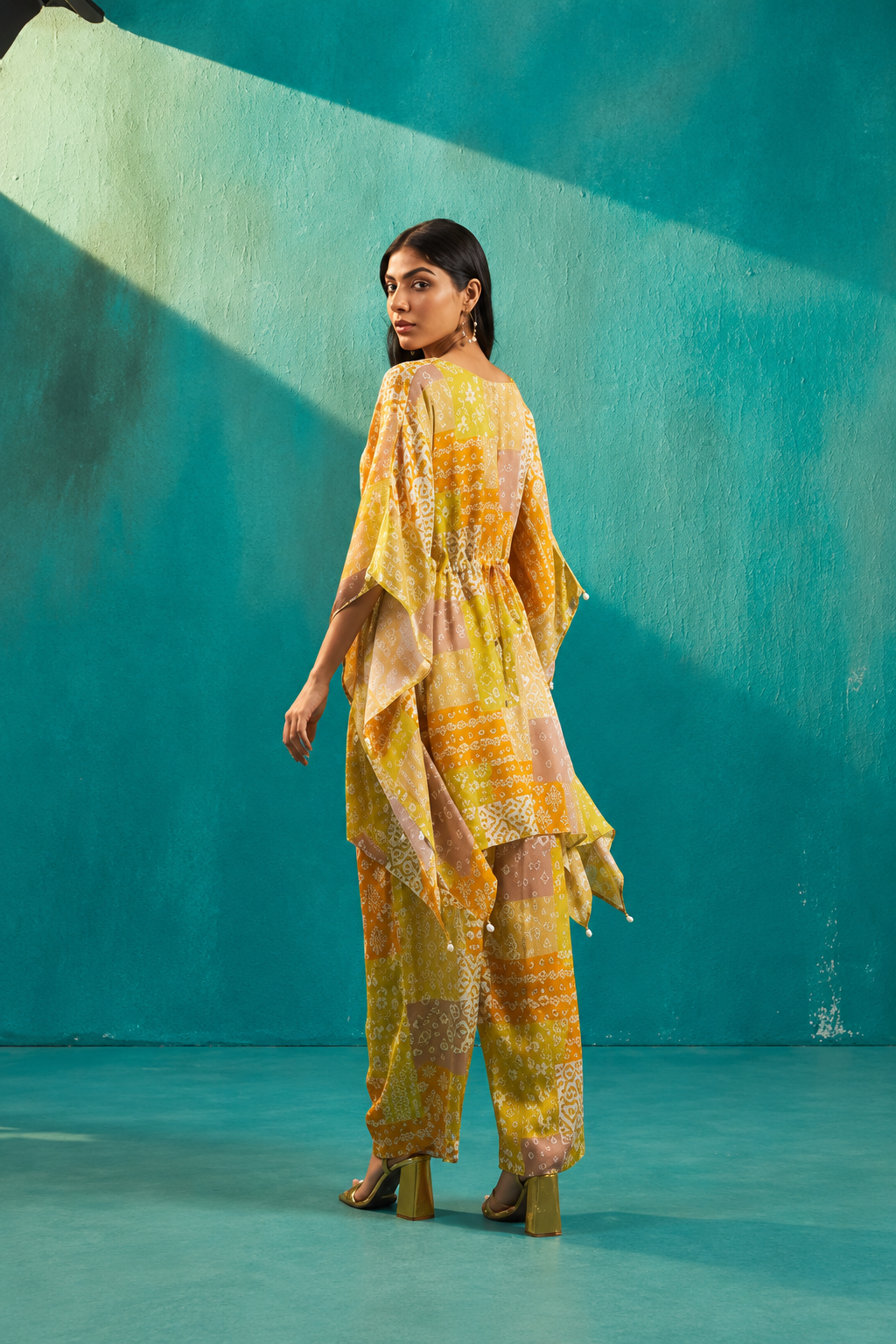 Yellow Printed Satin Kaftan Co-Ord Set
