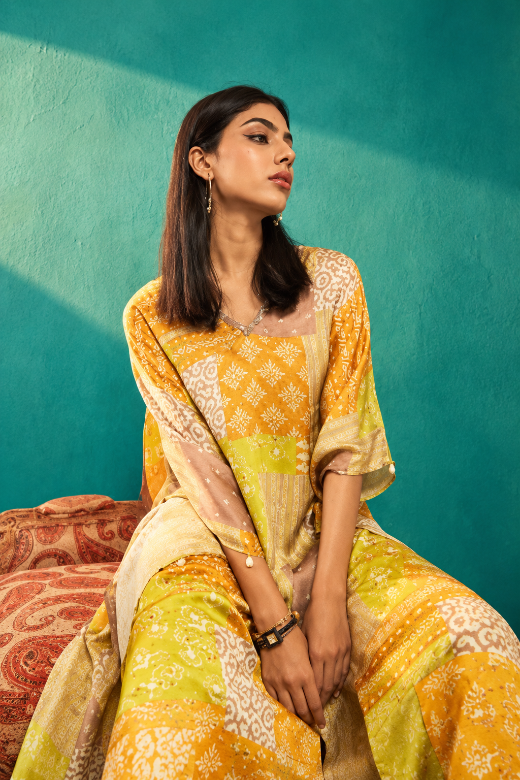 Yellow Printed Satin Kaftan Co-Ord Set