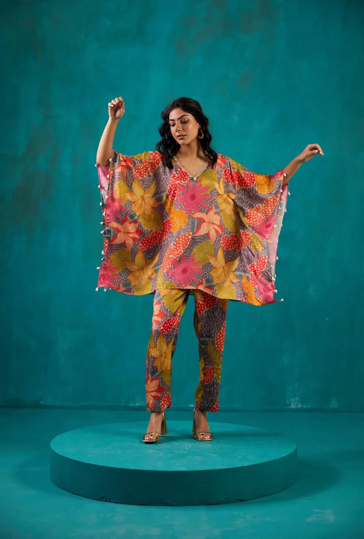 Steel Grey Printed Kaftan Co-Ord Set