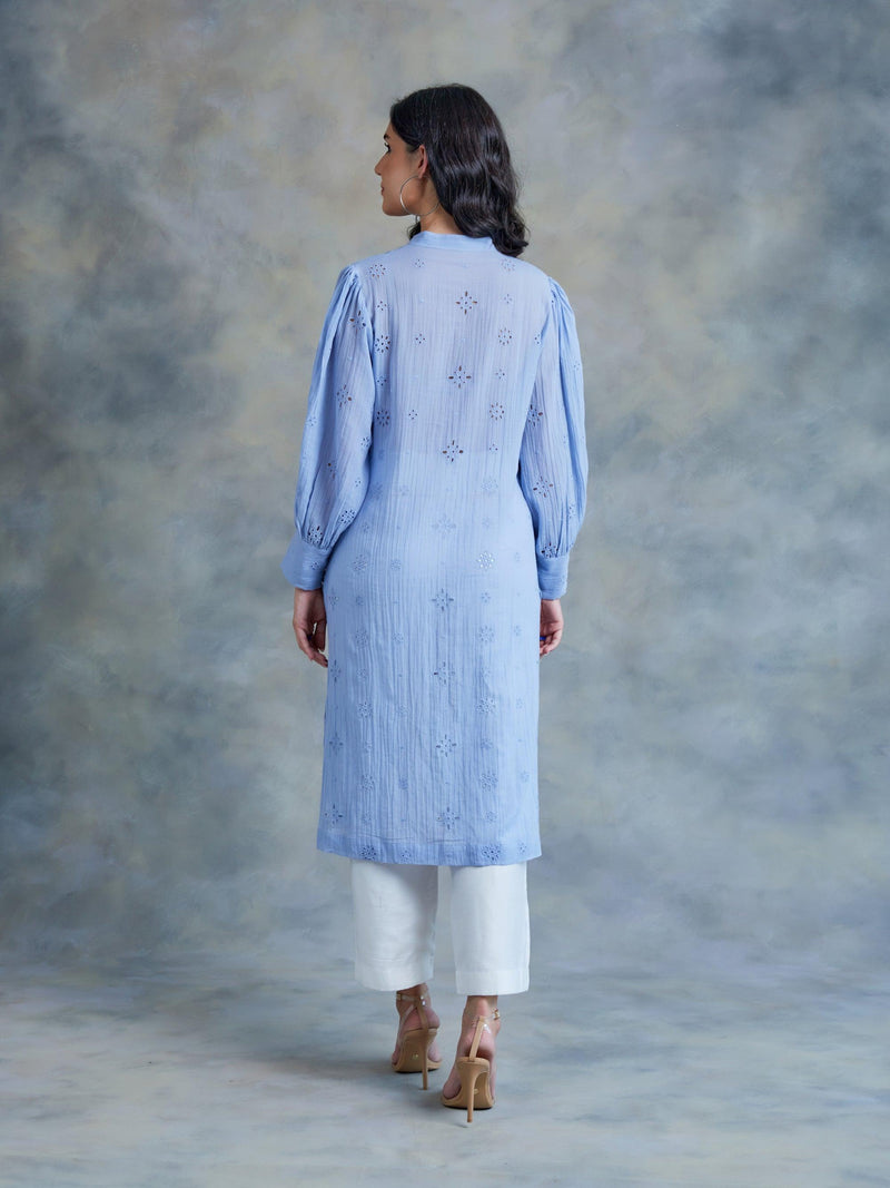 Blue Mulmul Embroidery Cut Work Kurta - Kapaas