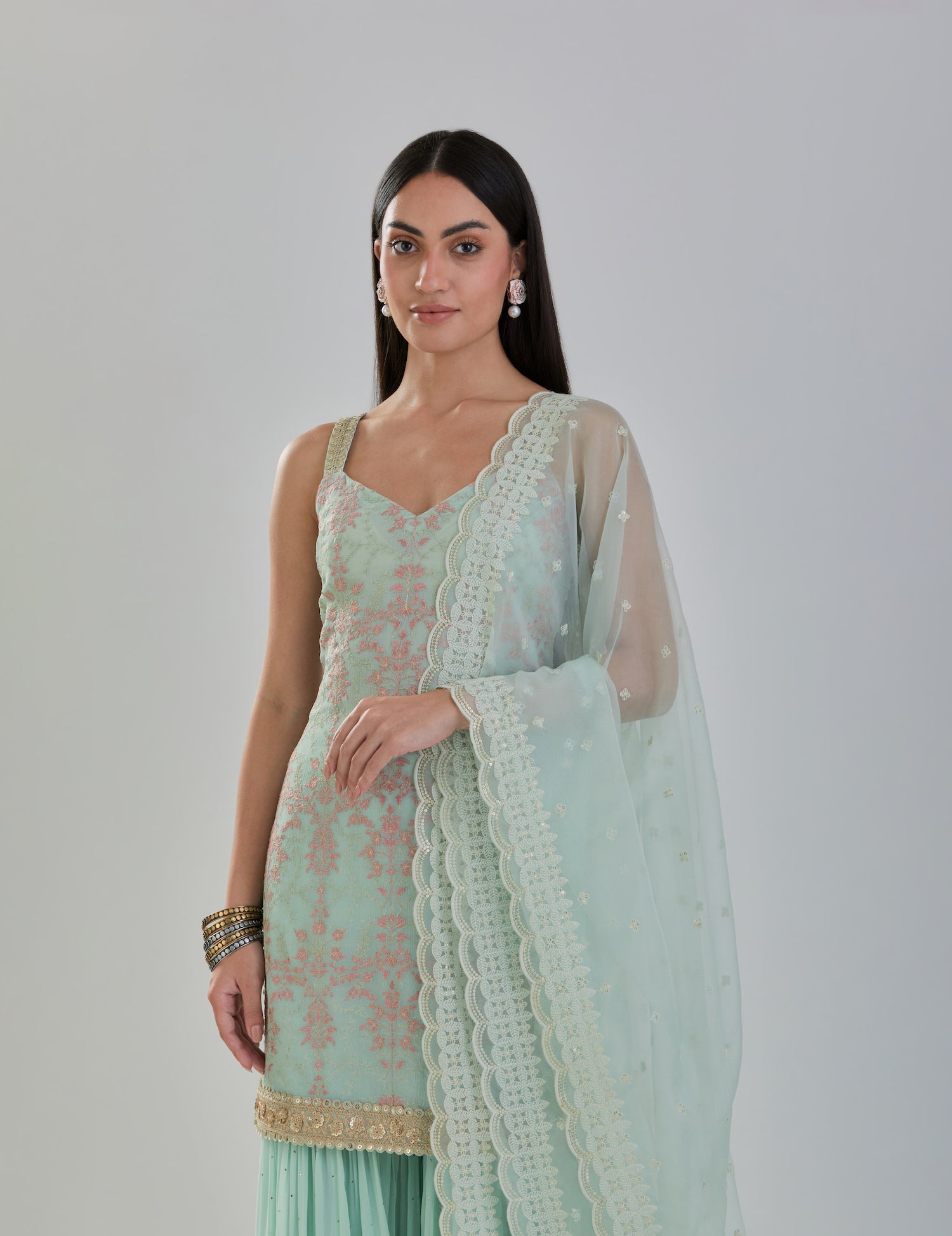 Mint Green Embroidered  Sharara Set with Organza Dupatta