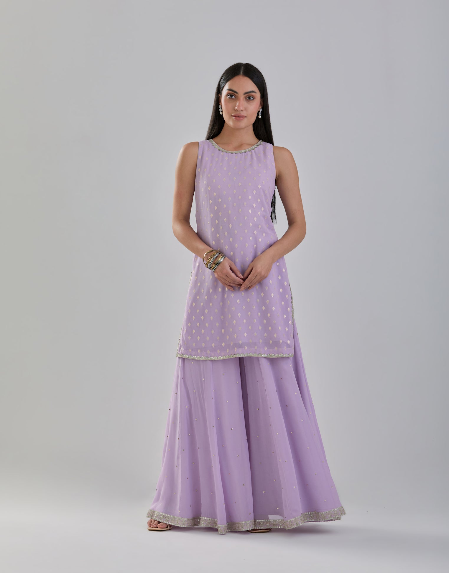 Lilac Georgette Sharara Set With Mirror Work Dupatta