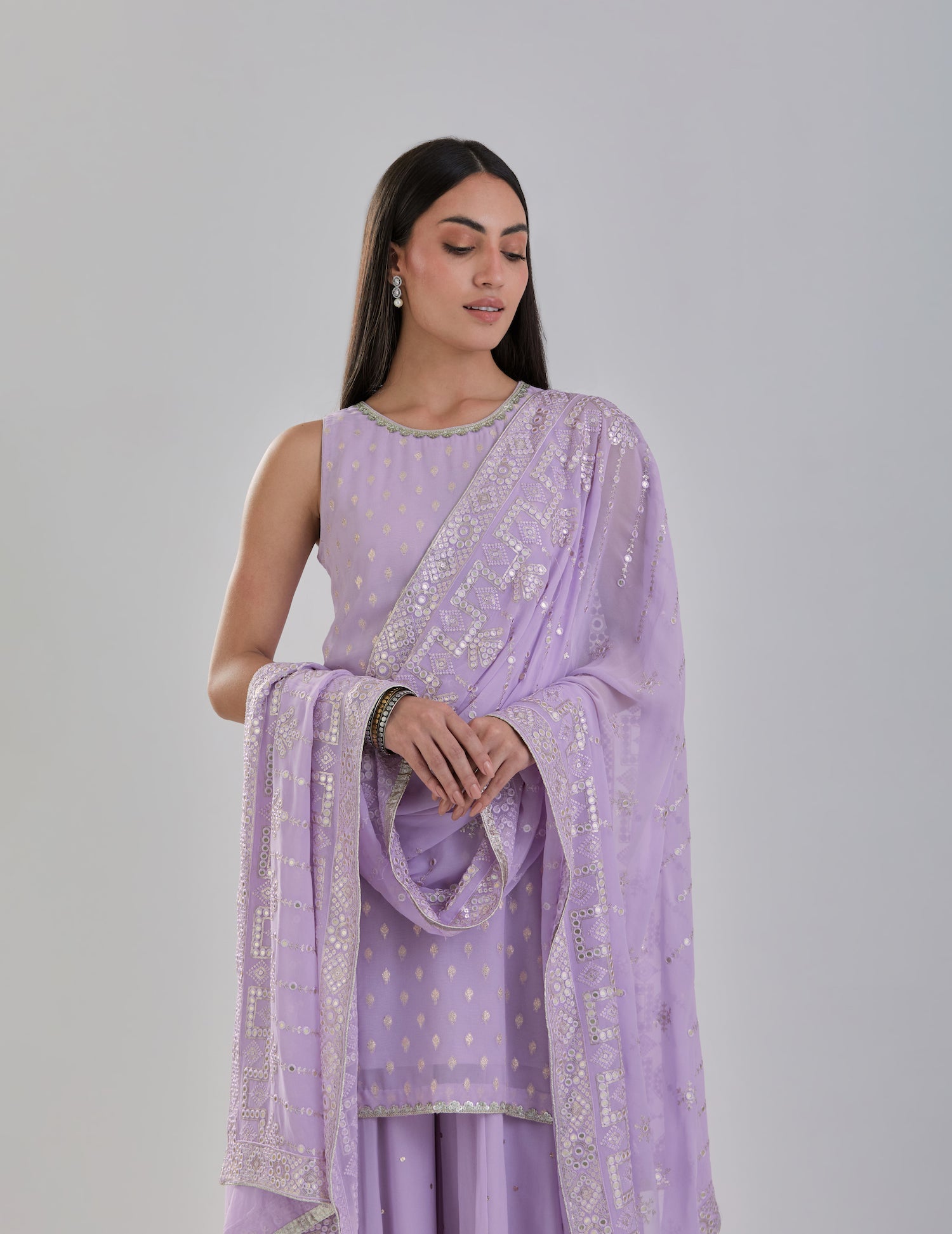 Lilac Georgette Sharara Set With Mirror Work Dupatta