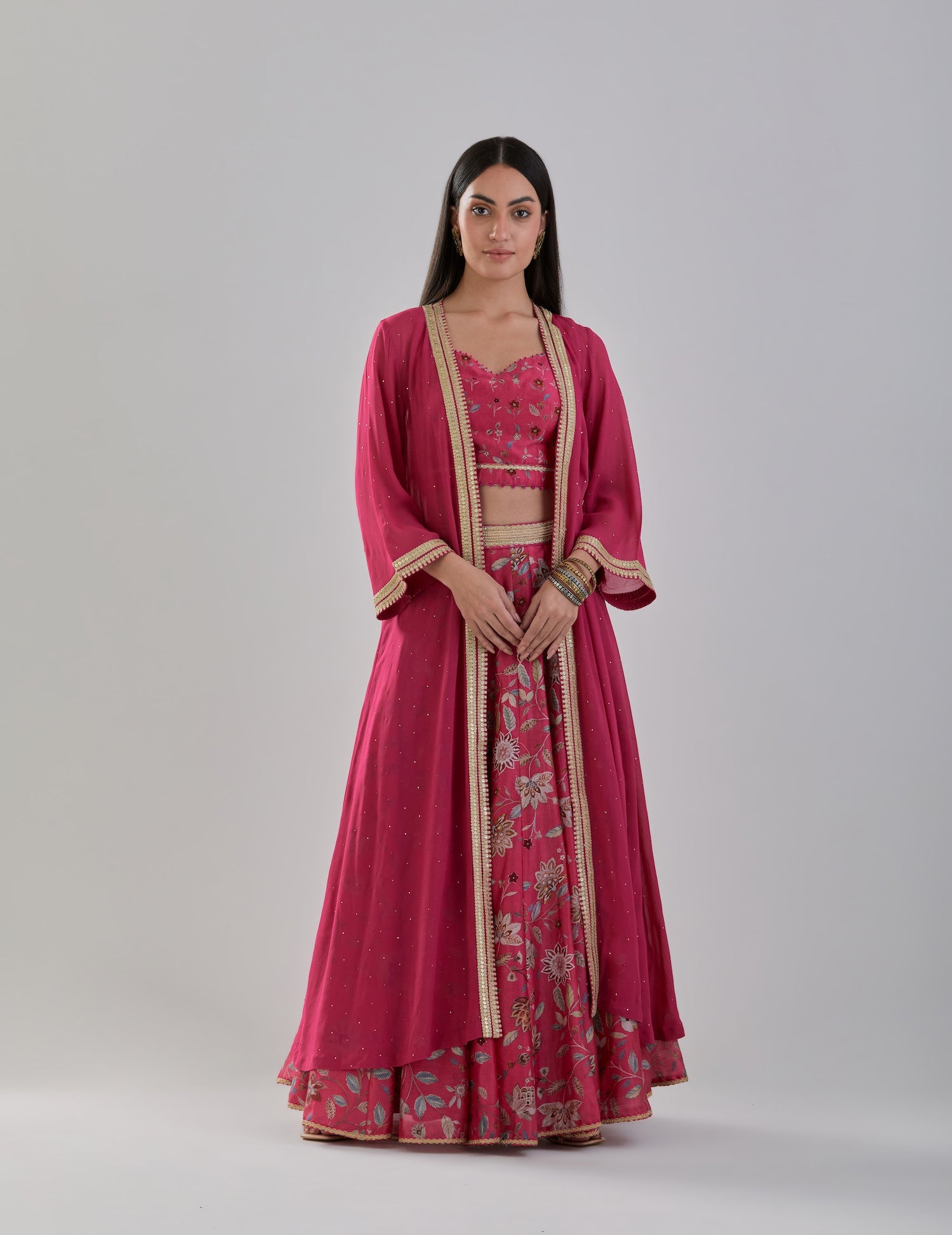 Fuchsia Floral Printed Chanderi Lehenga Set with Georgette Cape