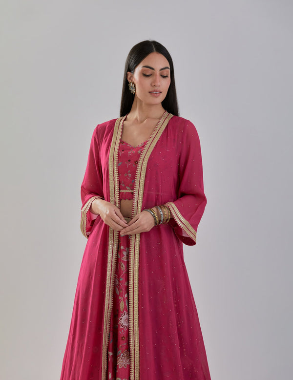 Fuchsia Floral Printed Chanderi Set with Georgette Cape