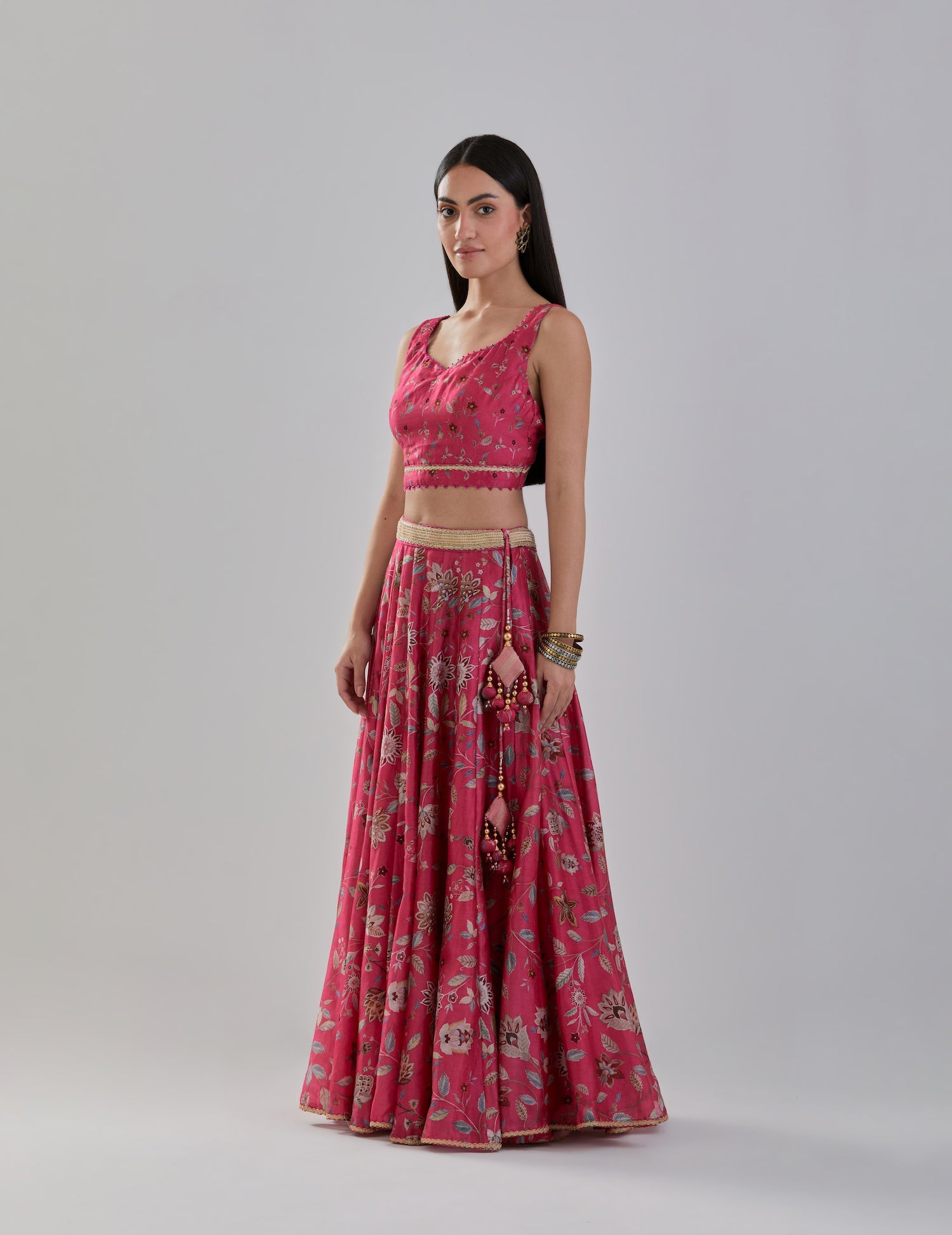 Fuchsia Floral Printed Chanderi Lehenga Set with Georgette Cape