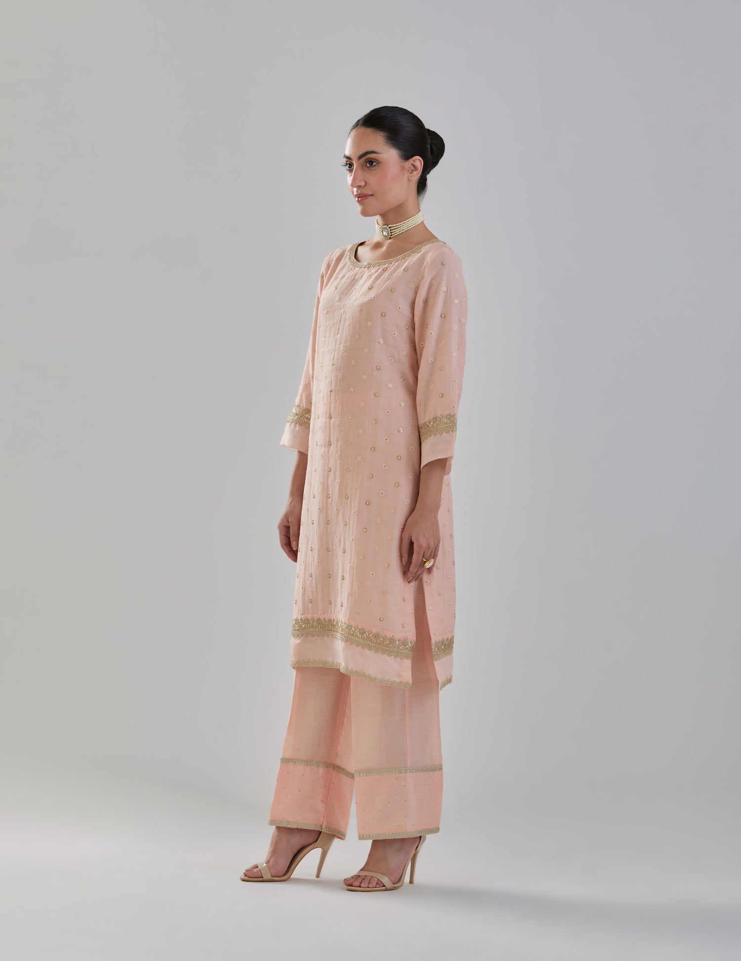 Peach Embroidered Chanderi Suit Set With Organza Dupatta