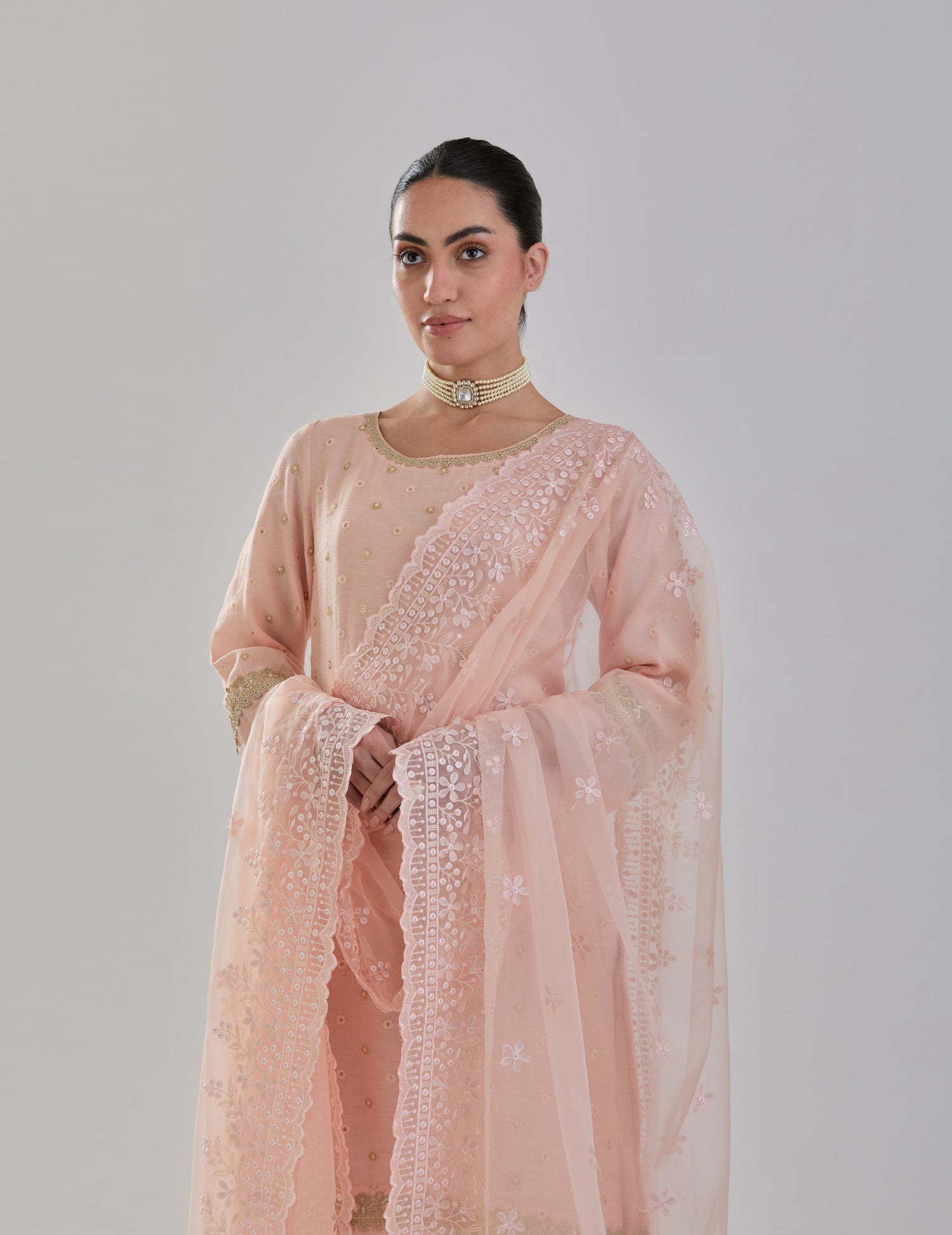 Peach Embroidered Chanderi Suit Set With Organza Dupatta