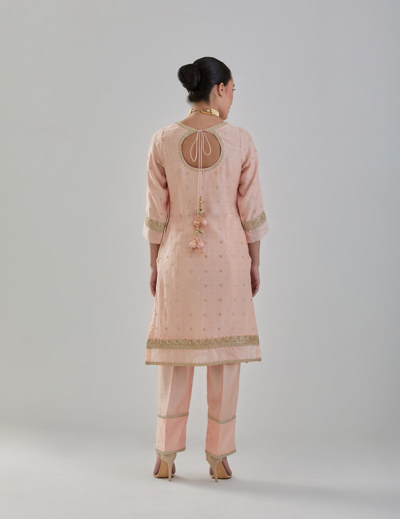Peach Embroidered Chanderi Suit Set With Organza Dupatta