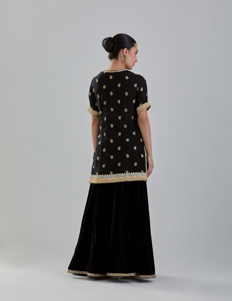 Black Embroidered Chanderi Kurta with Velvet Sharara Back View