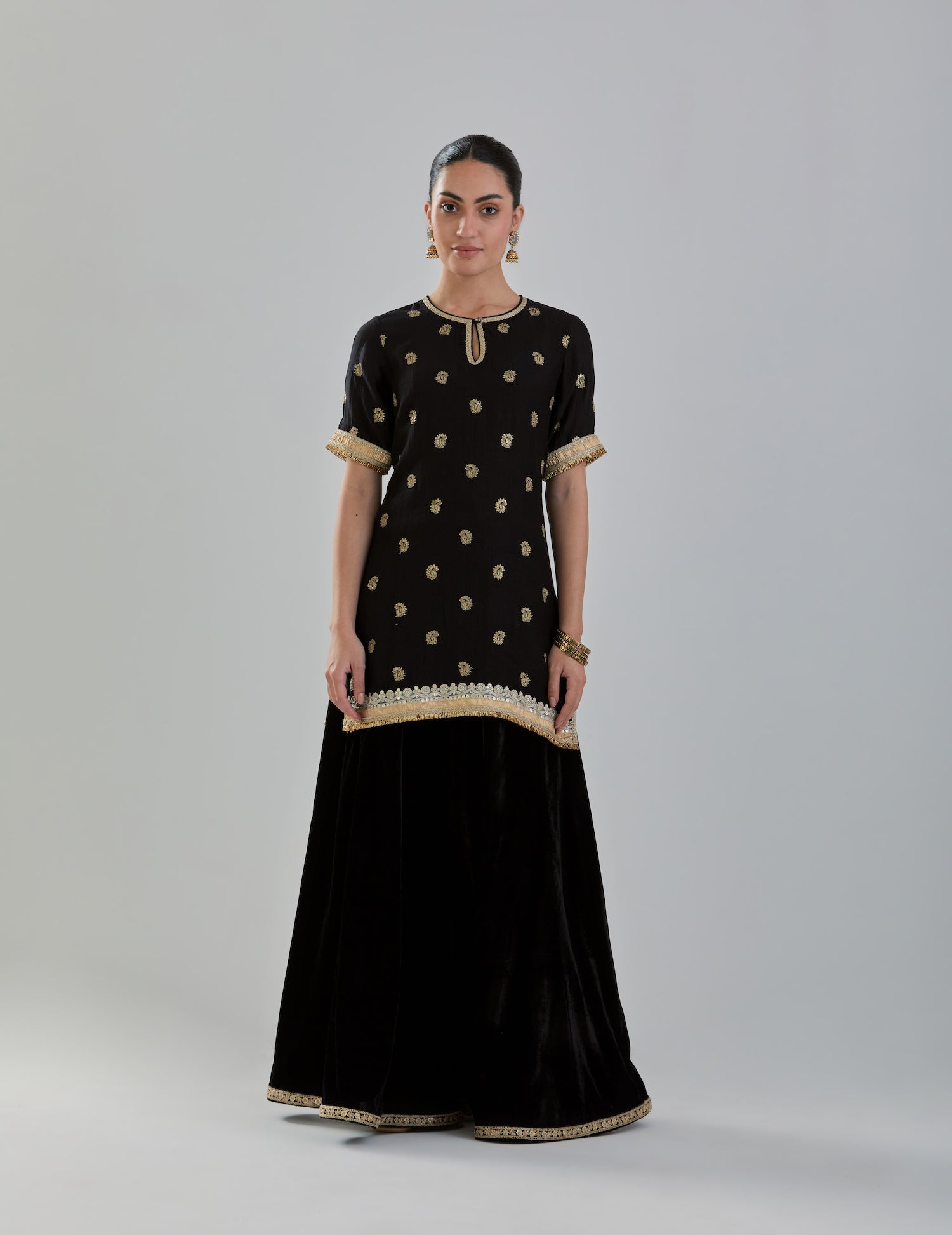 Black Embroidered Chanderi Kurta with Velvet Sharara and Organza Dupatta