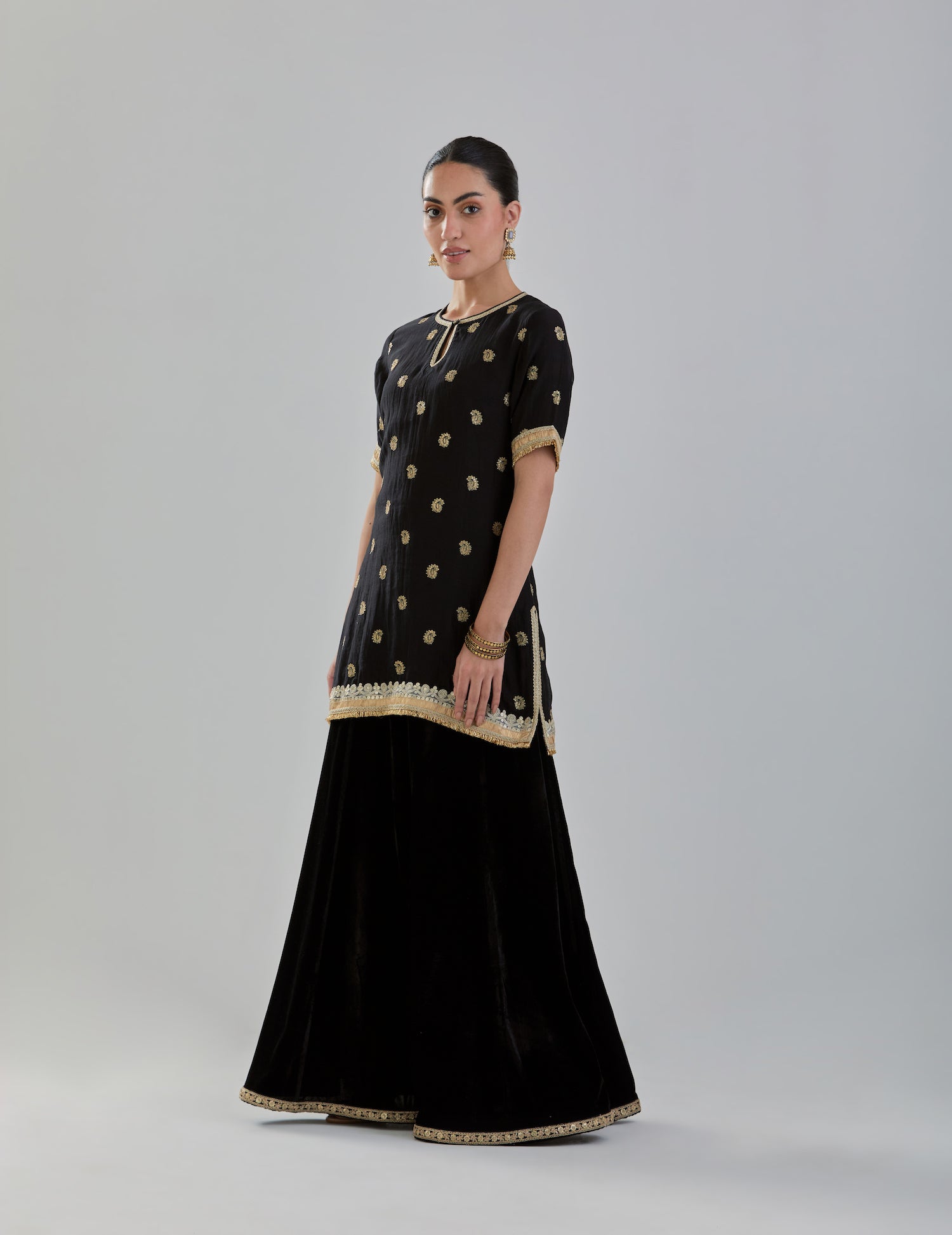 Black Embroidered Chanderi Kurta with Velvet Sharara and Organza Dupatta