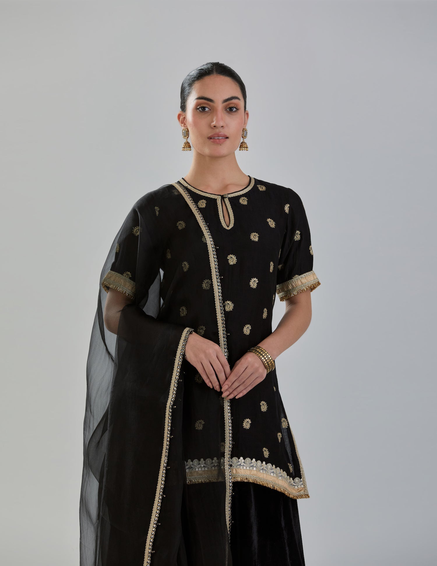 Black Embroidered Chanderi Kurta with Velvet Sharara and Organza Dupatta