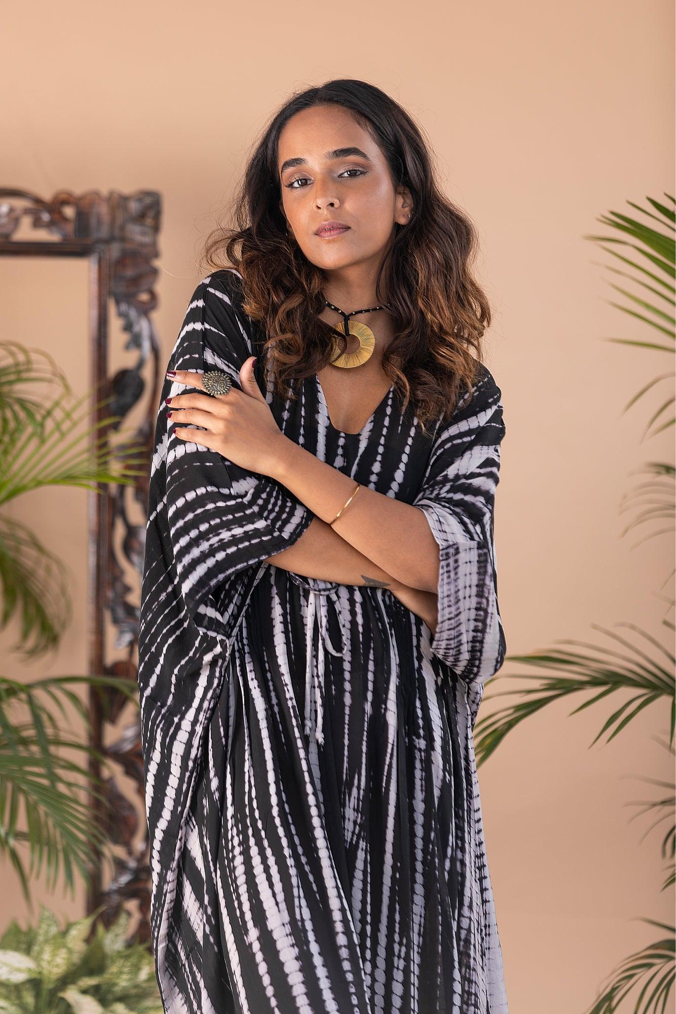 Black Tie Dye Pintuck Kaftan