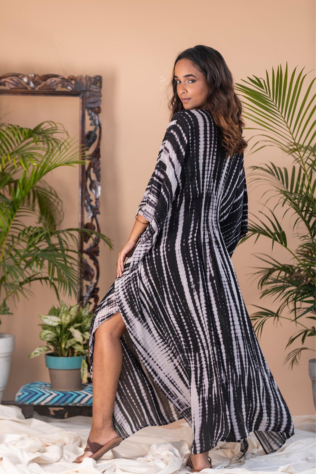 Black Tie Dye Pintuck Kaftan