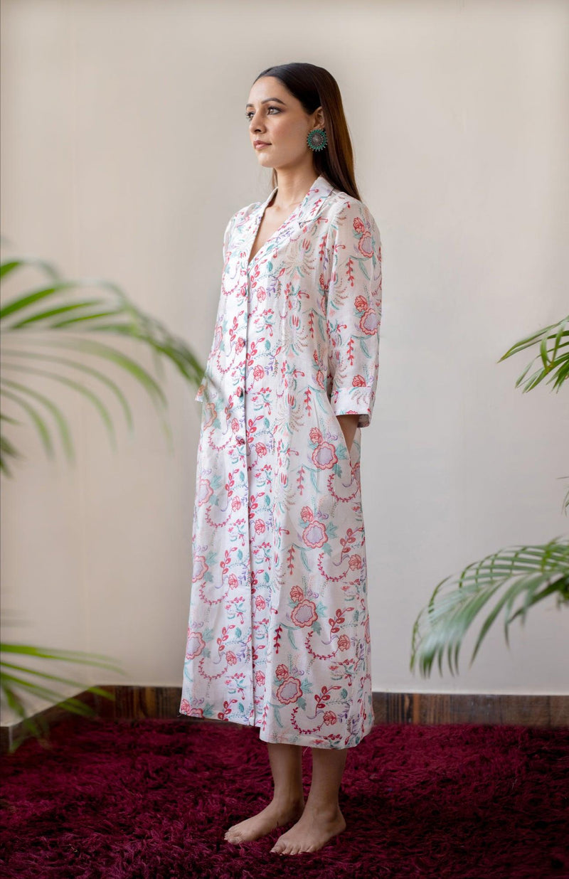 Ivory Floral Print Chanderi Shirt Dress For Girls - Kapaas