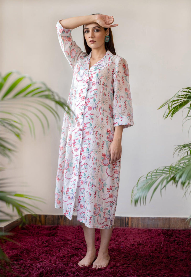 Ivory Floral Print Chanderi Shirt Dress For Women - Kapaas