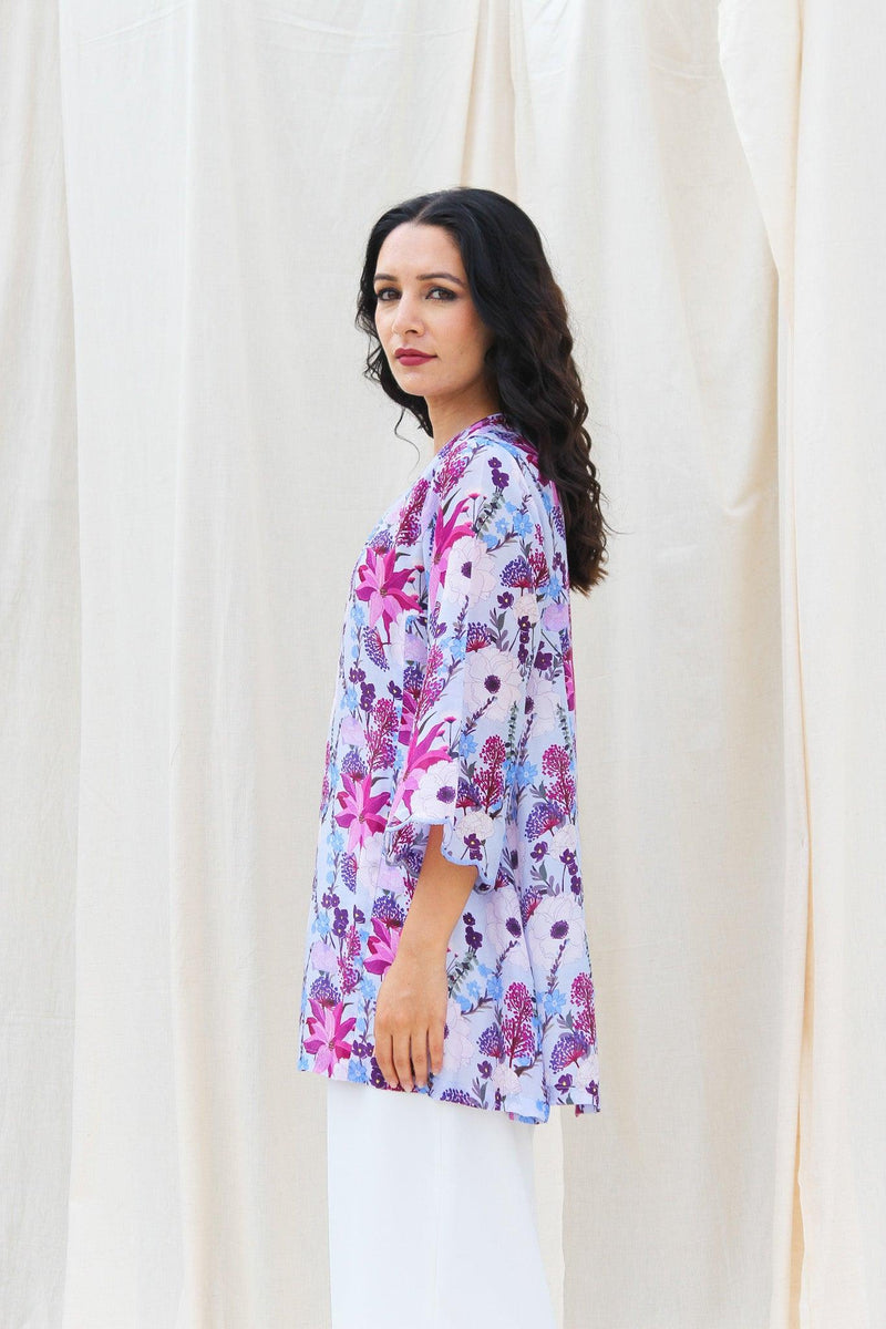 Lilac Floral Cotton Silk Printed Kurta for women side look