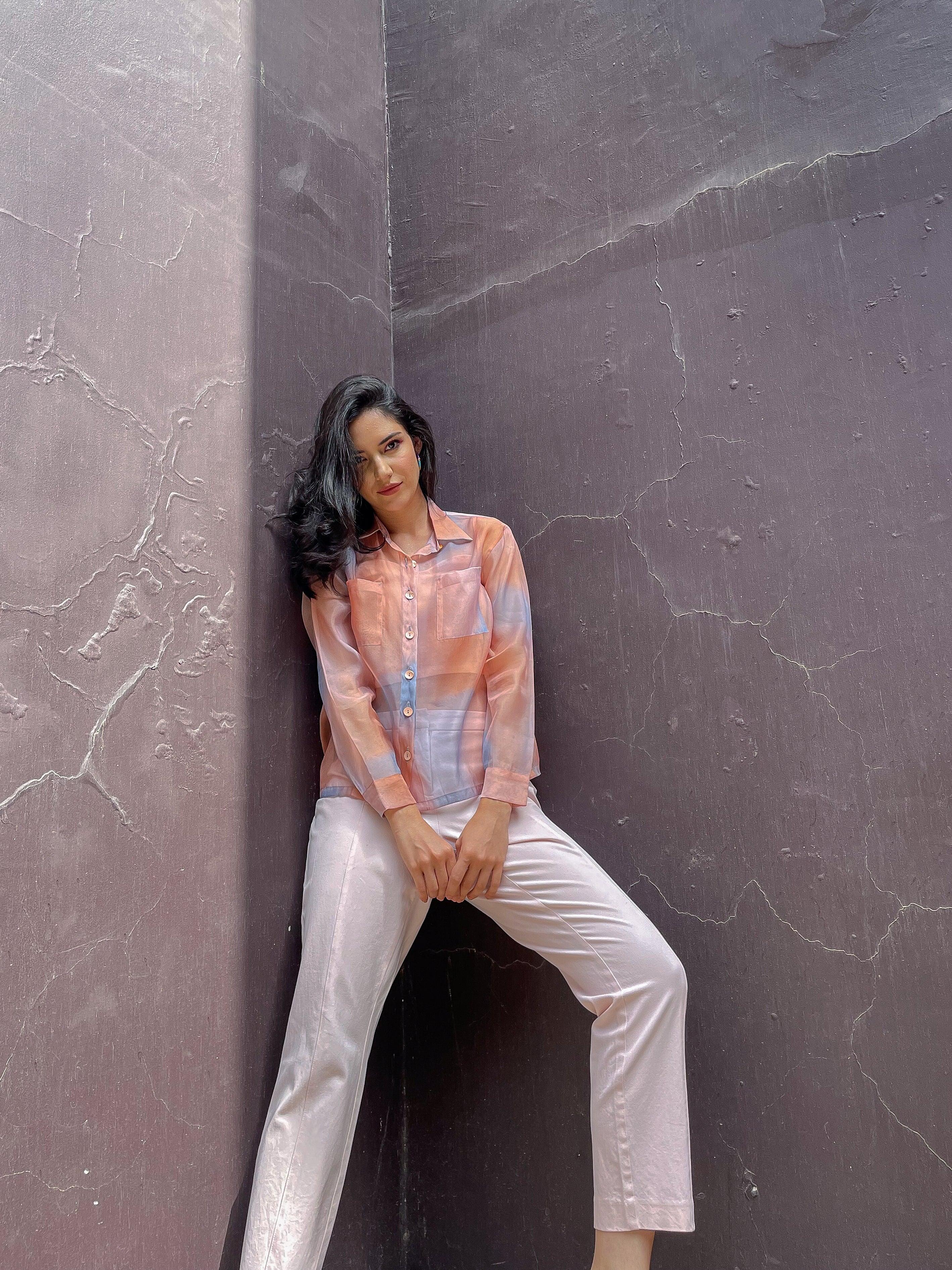 Ecru Watercolour Textured Organza Shirt - Kapaas