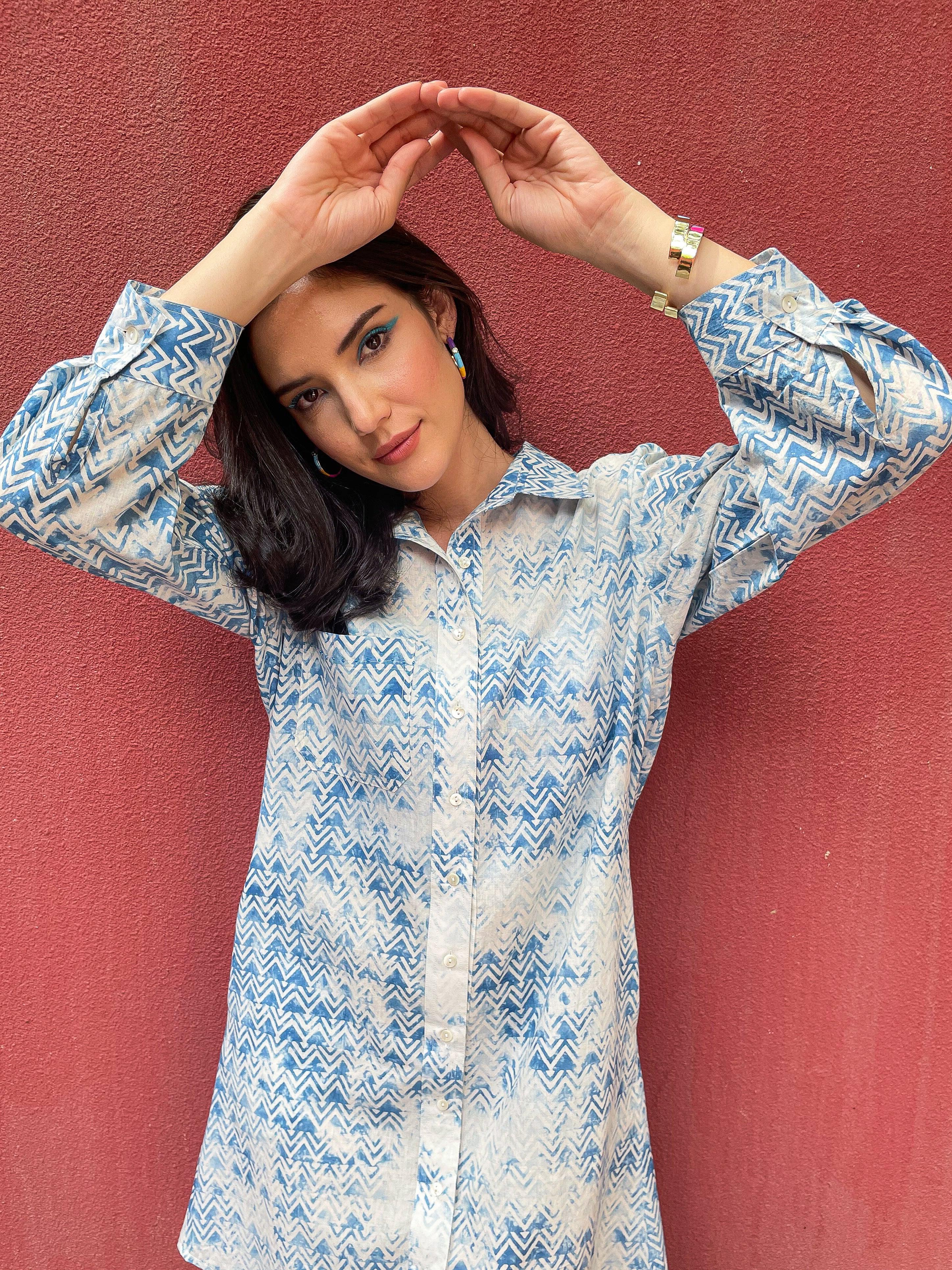 Blue Textured Print Shirt Dress - Kapaas