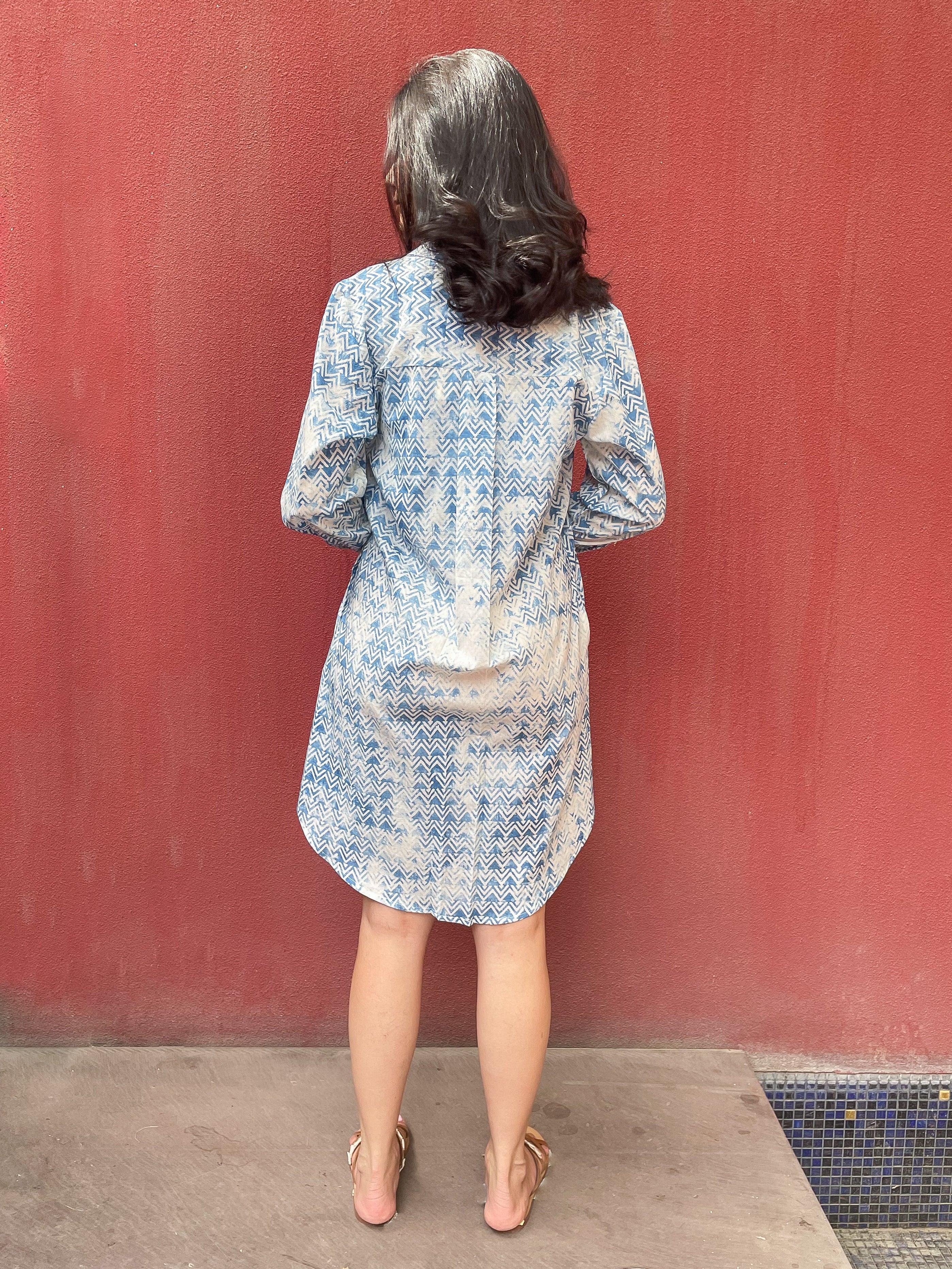 Blue Textured Print Shirt Dress - Kapaas