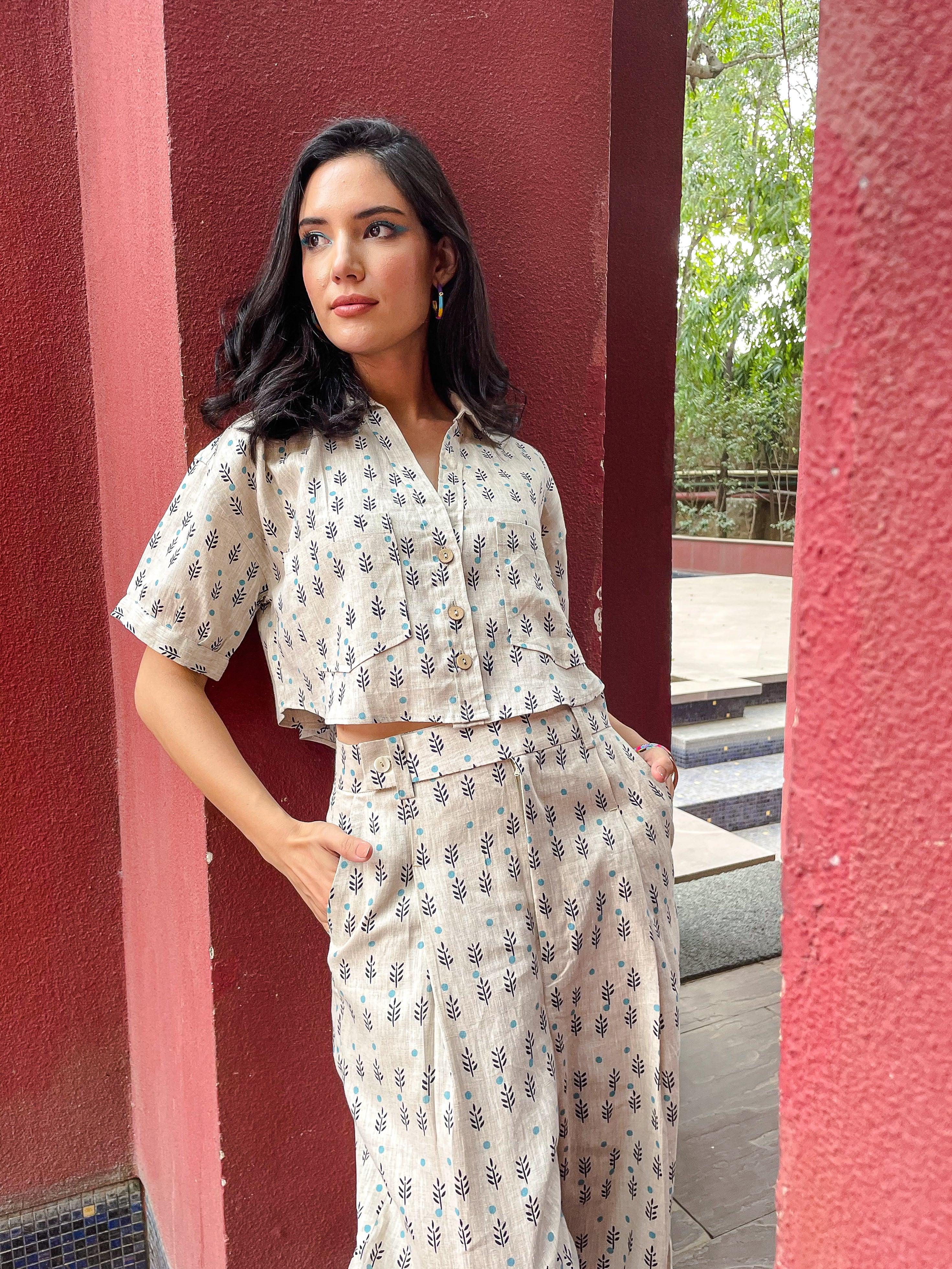 Beige Printed Linen Co-ord Set - Kapaas