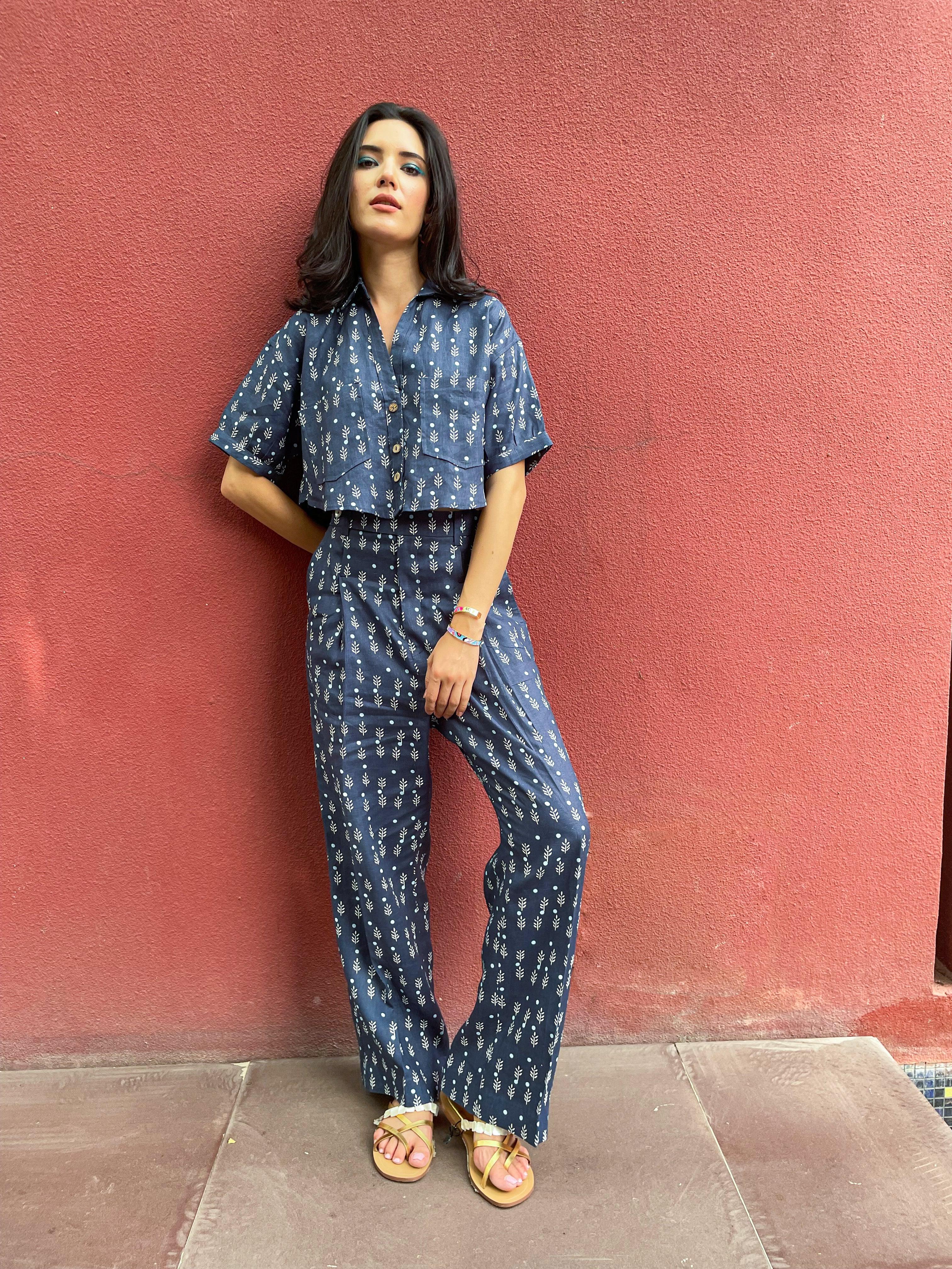 Navy Printed Linen Co-ord Set - Kapaas