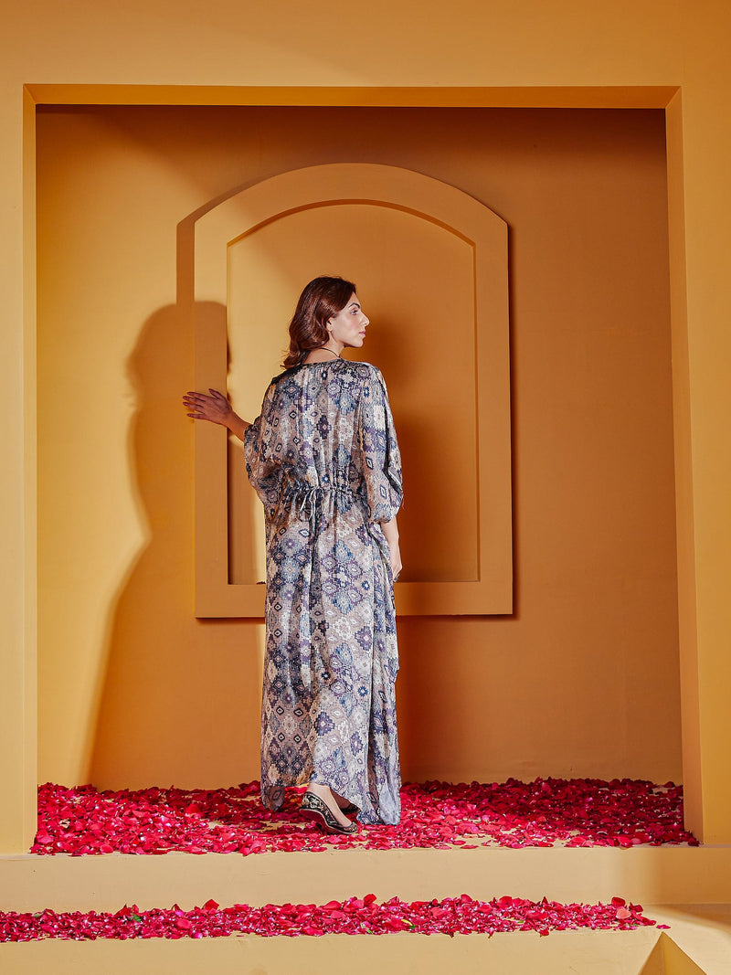 Charcoal Abstract Printed Kaftan Dress Back Look