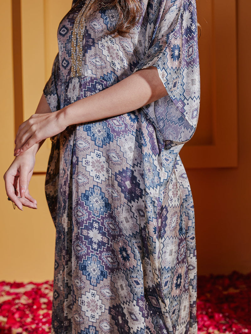 Charcoal Abstract Printed Kaftan Dress Close Look 