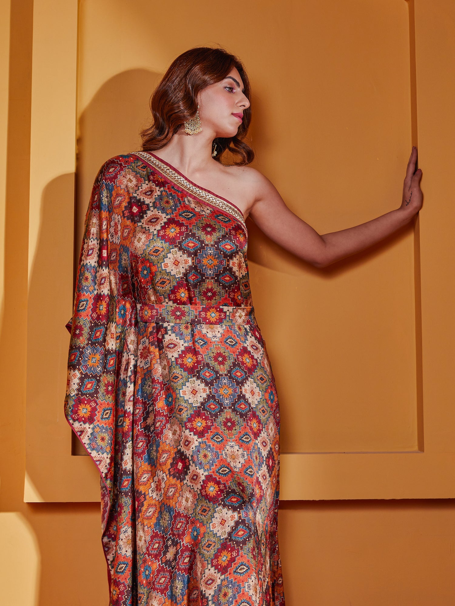 Rust Abstract Print Off Shoulder Kaftan Dress