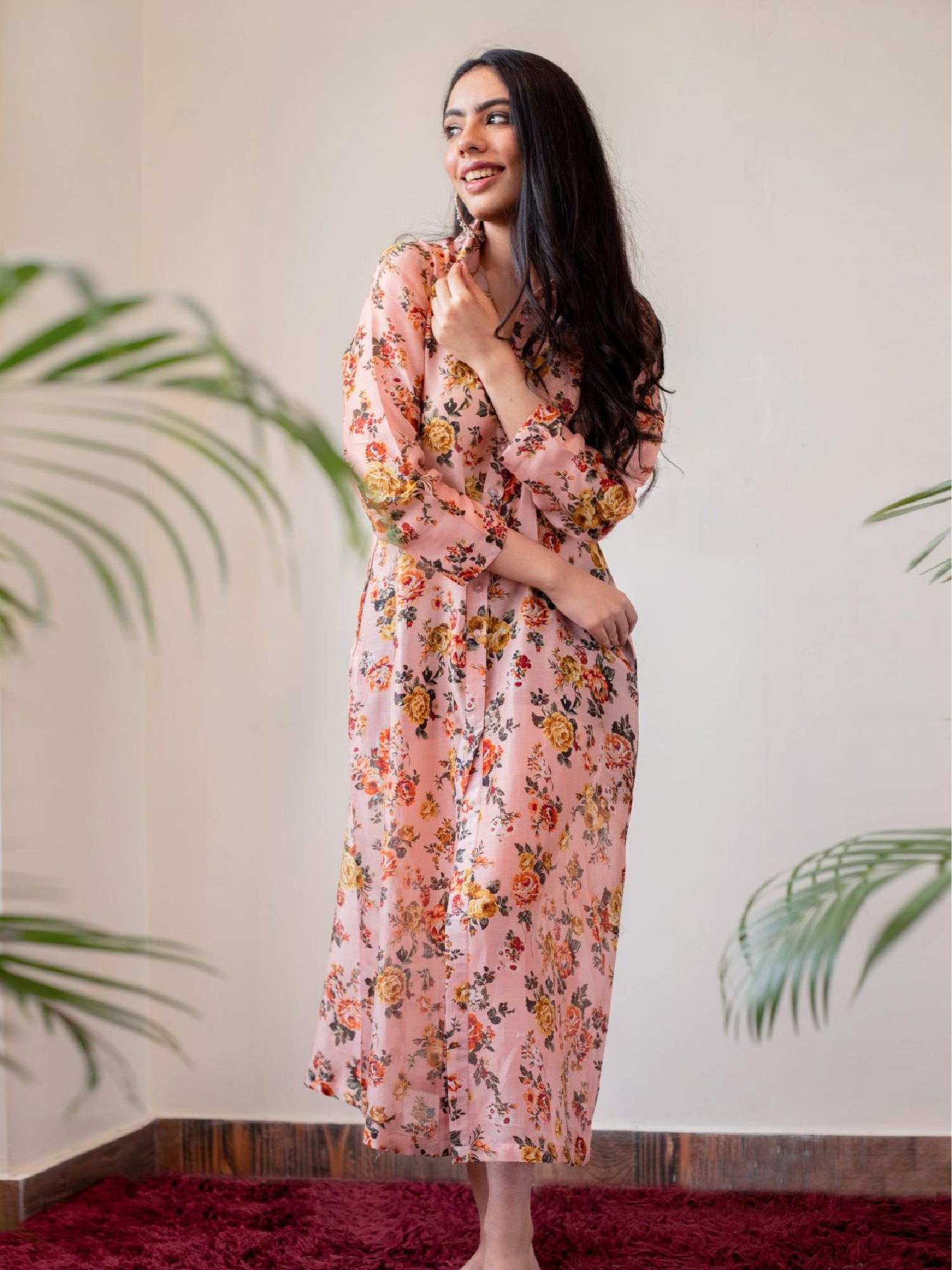 Blush Peach Floral Print Chanderi Shirt Dress