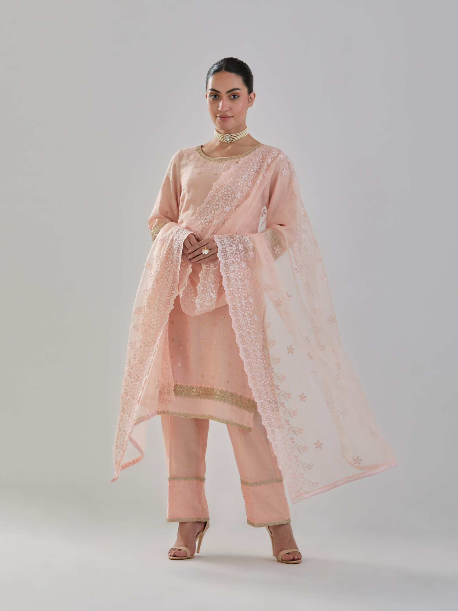 Peach Embroidered Chanderi Suit Set With Organza Dupatta