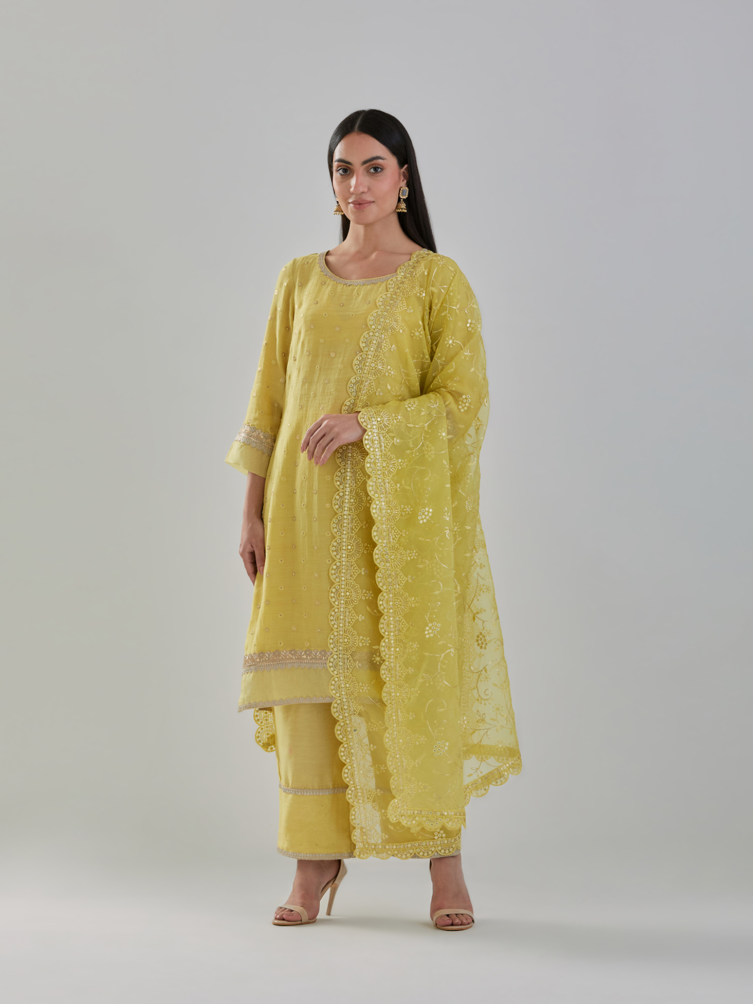 Yellow Embroidered Chanderi Suit Set With Organza Dupatta