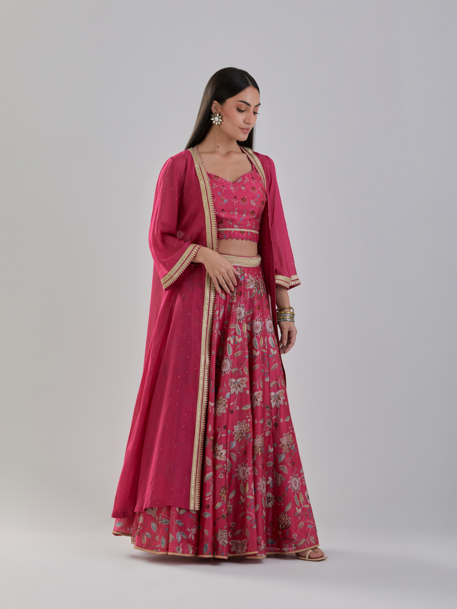 Fuchsia Floral Printed Chanderi Lehenga Set with Georgette Cape