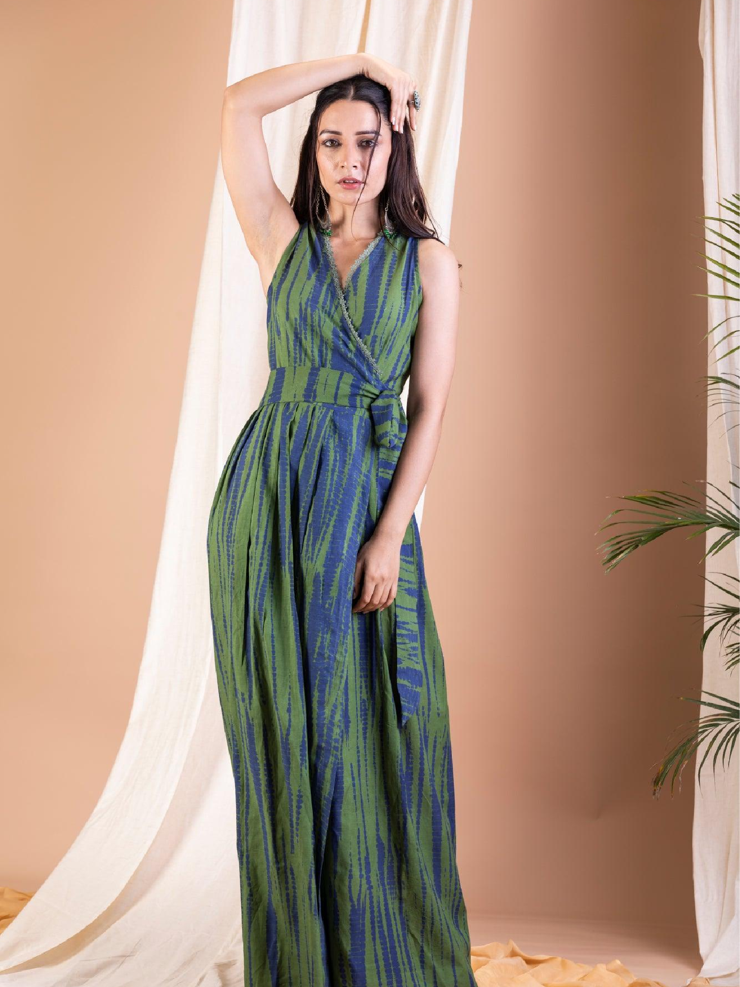 Kaya - Olive green and Indigo Tie dye Long Wrap Dress