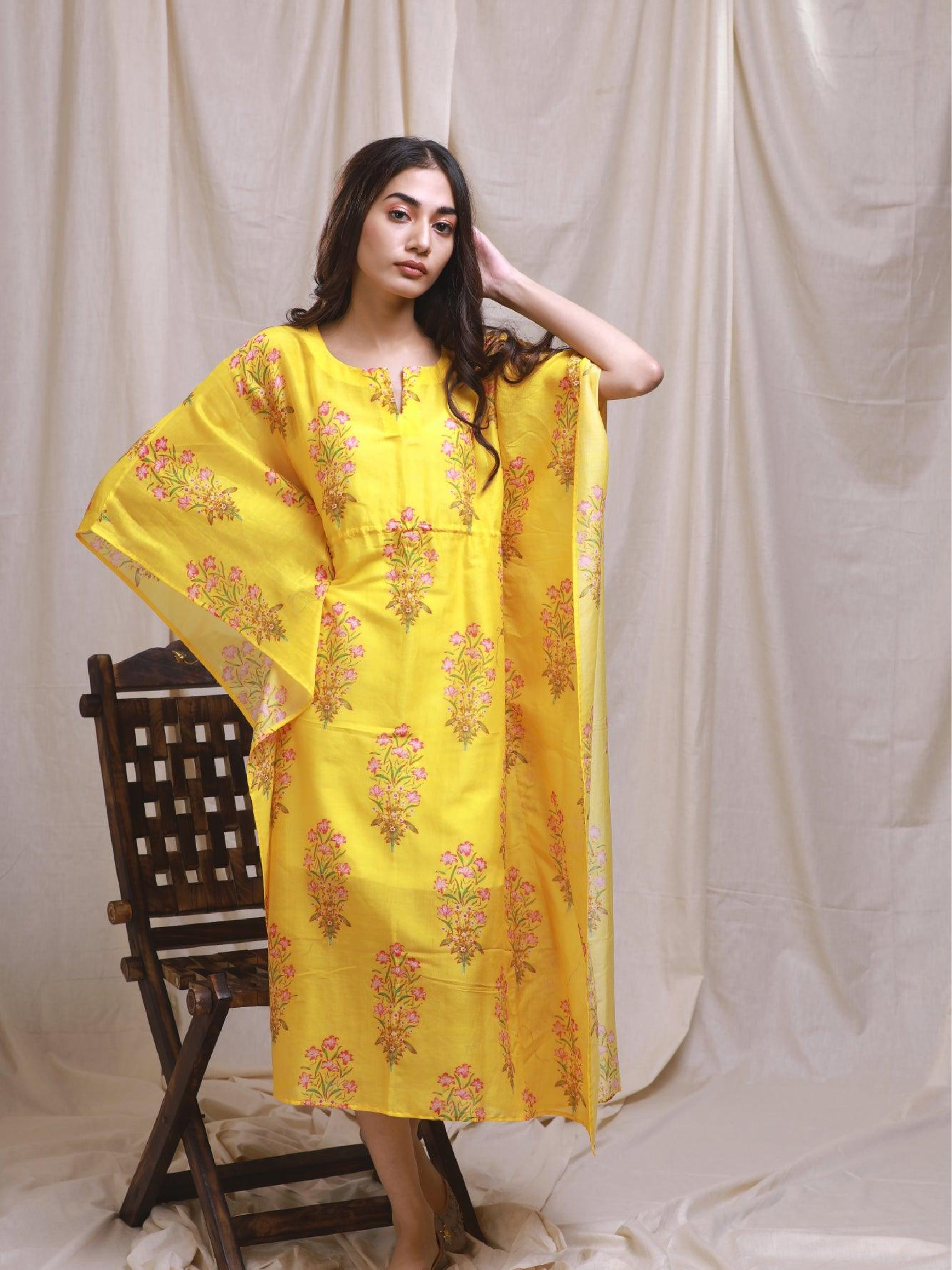 Yellow Block Style Chanderi Kaftan