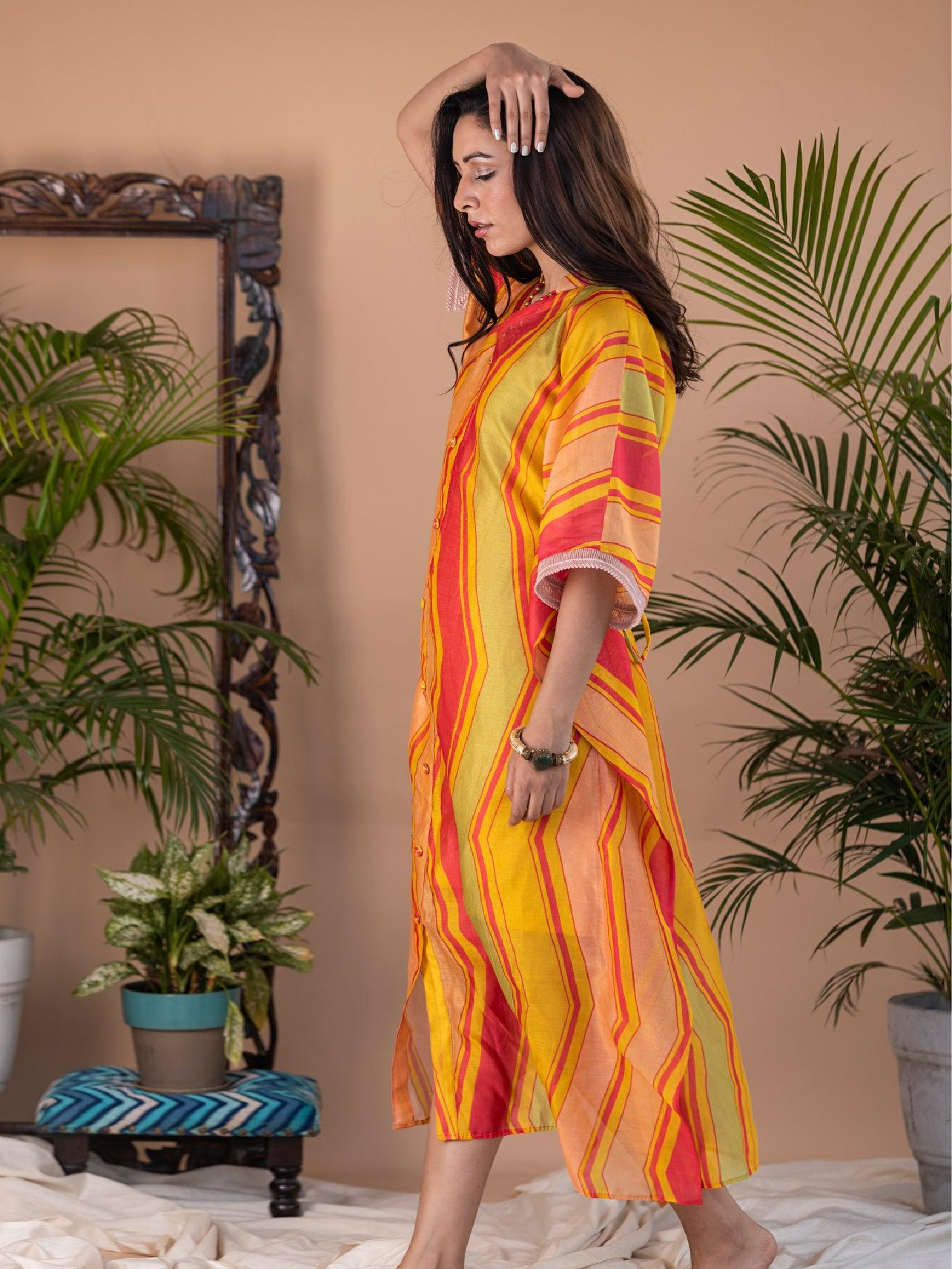 Adira Geometric Print Chanderi Button Kaftan Dress