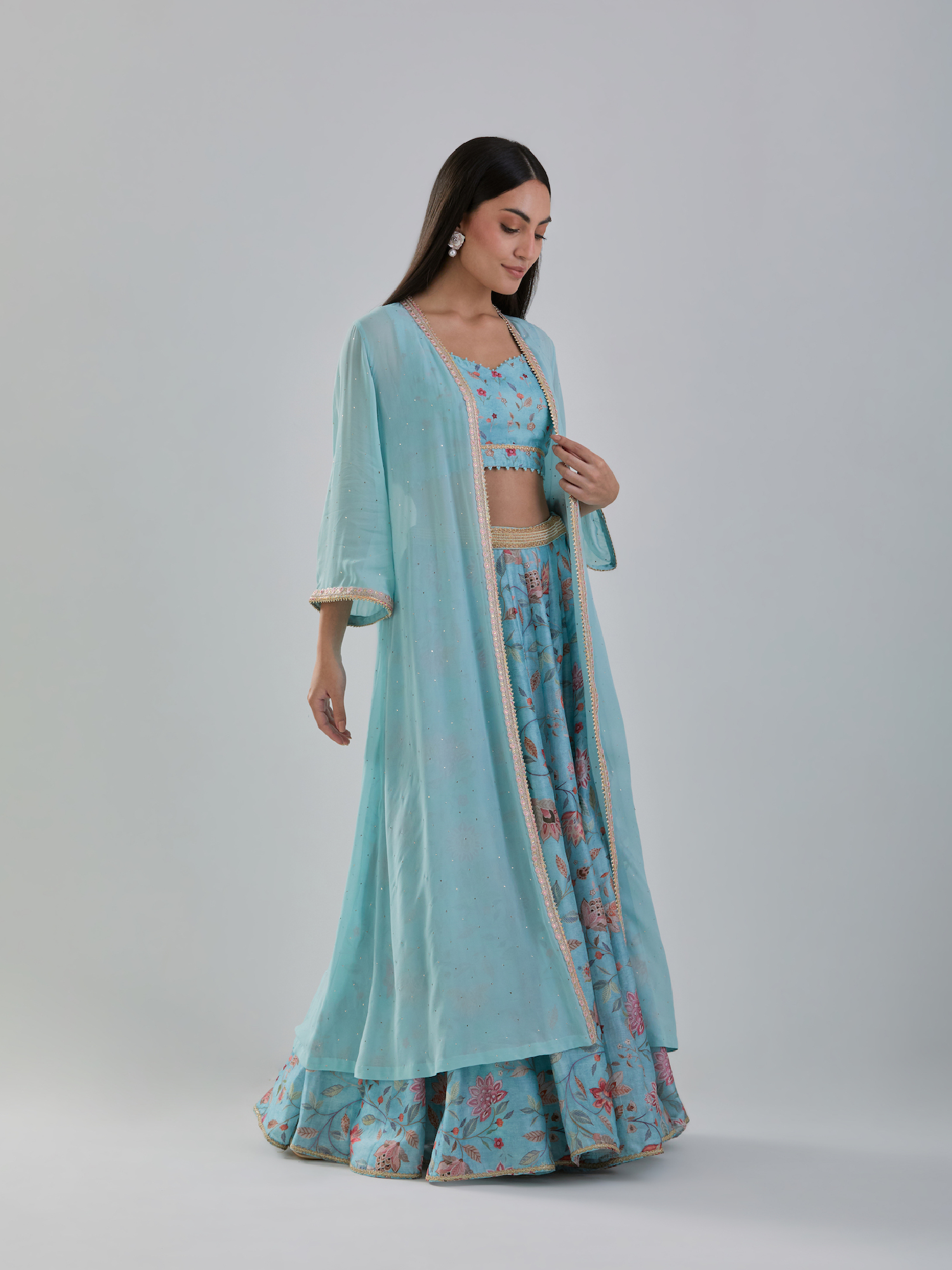 Aqua Floral Chanderi Printed Lehenga Set With Cape