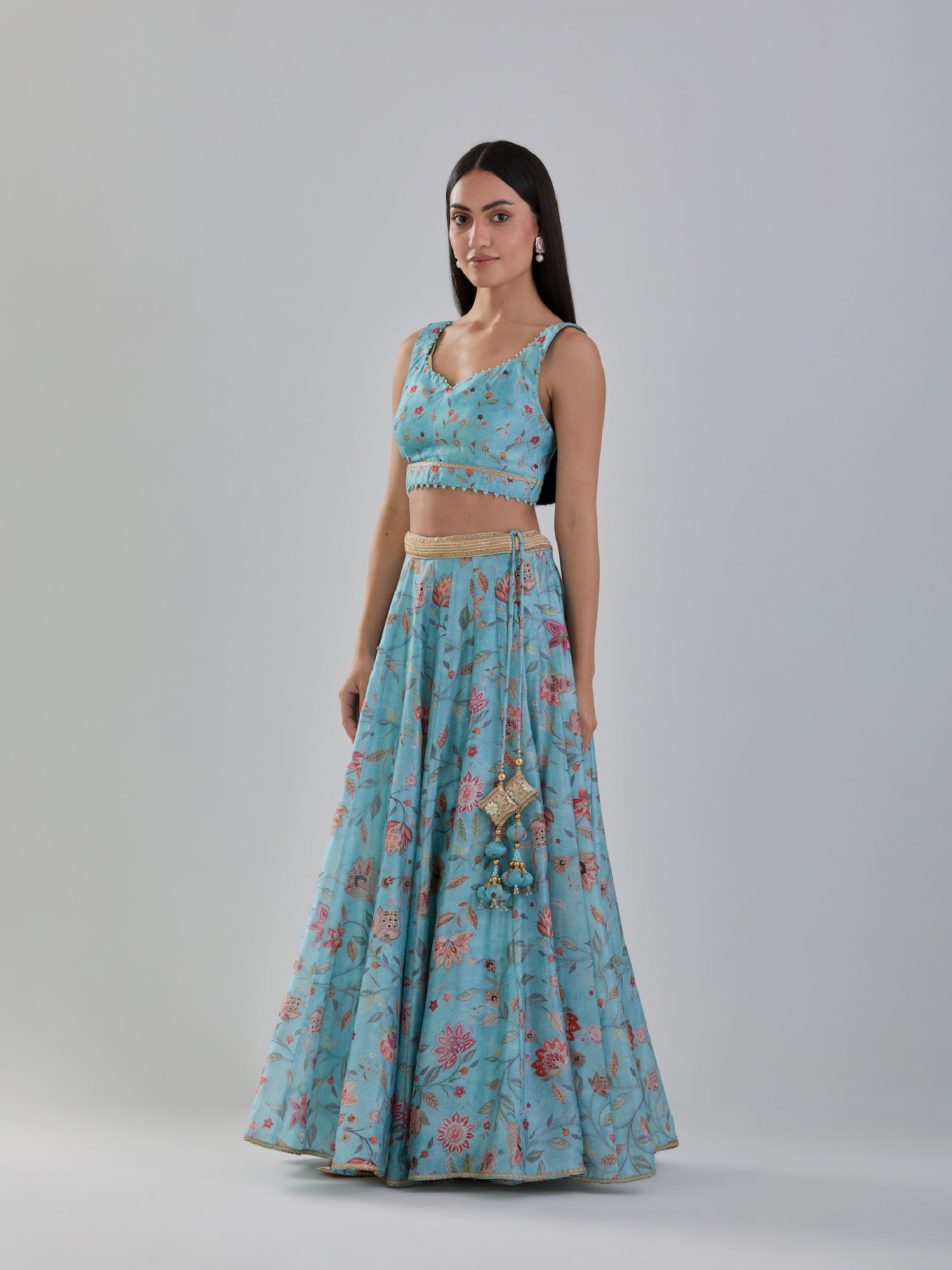 Aqua Floral Chanderi Printed Lehenga Set With Cape