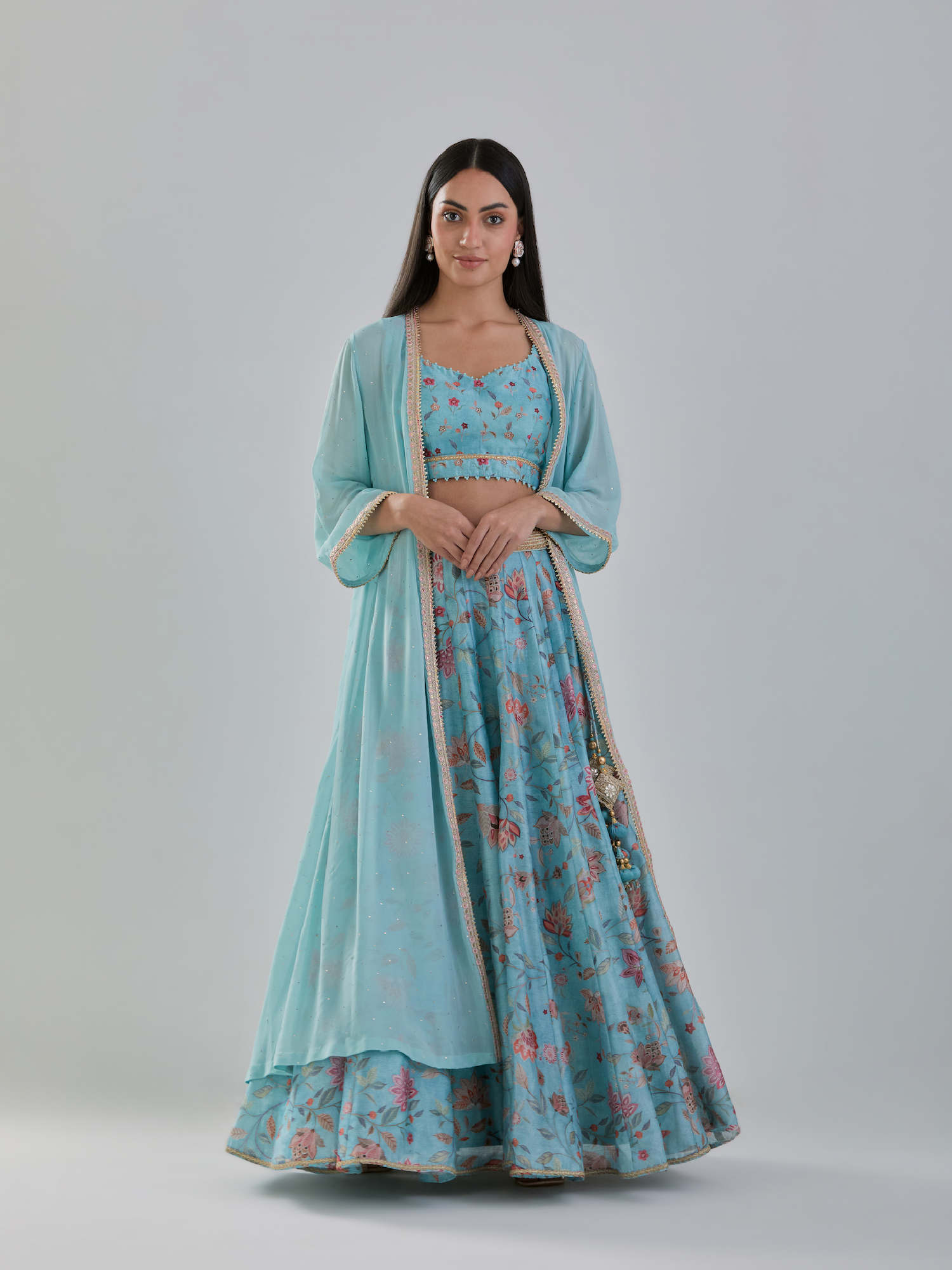 Aqua Floral Chanderi Printed Lehenga Set With Cape