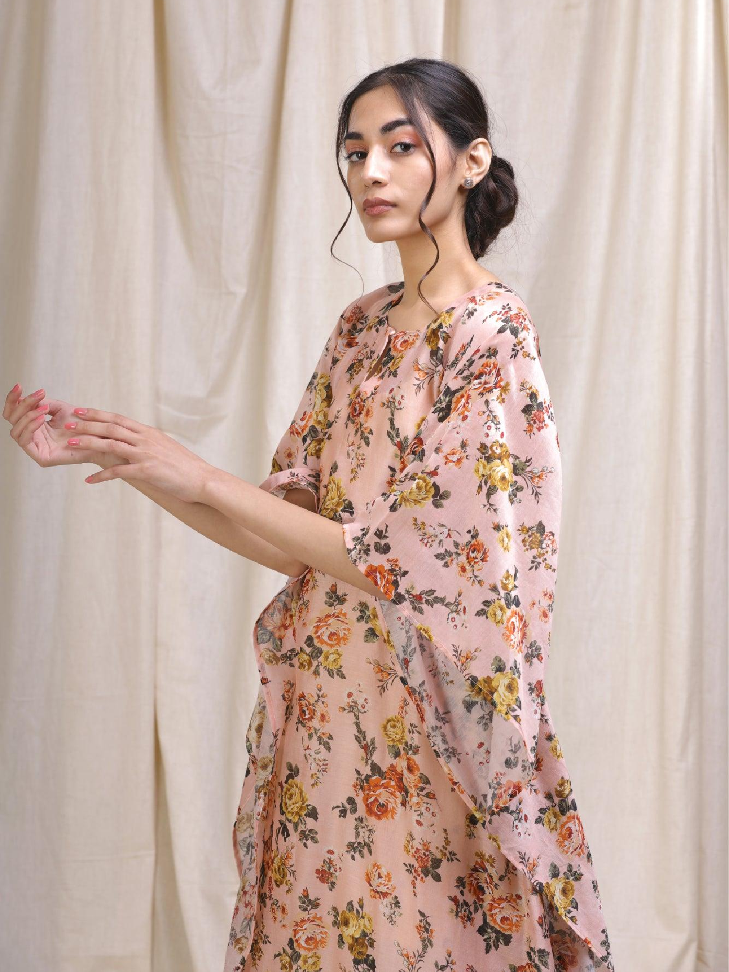 Blush Peach Floral Chanderi Kaftan