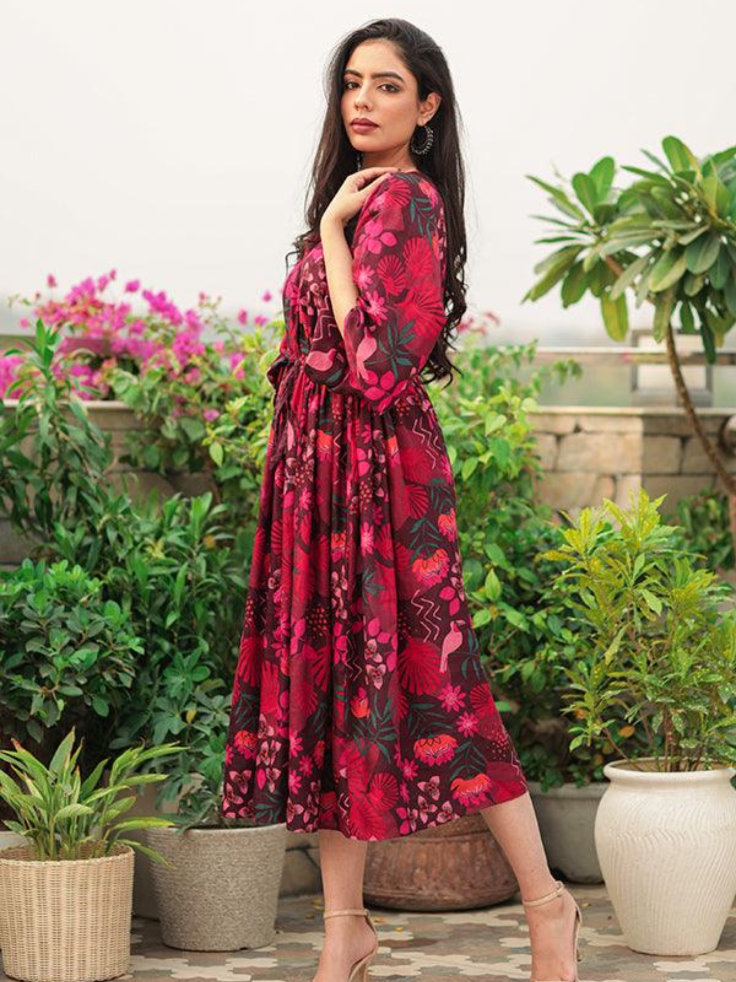 Pink Floral Kaftan Cotton Dress