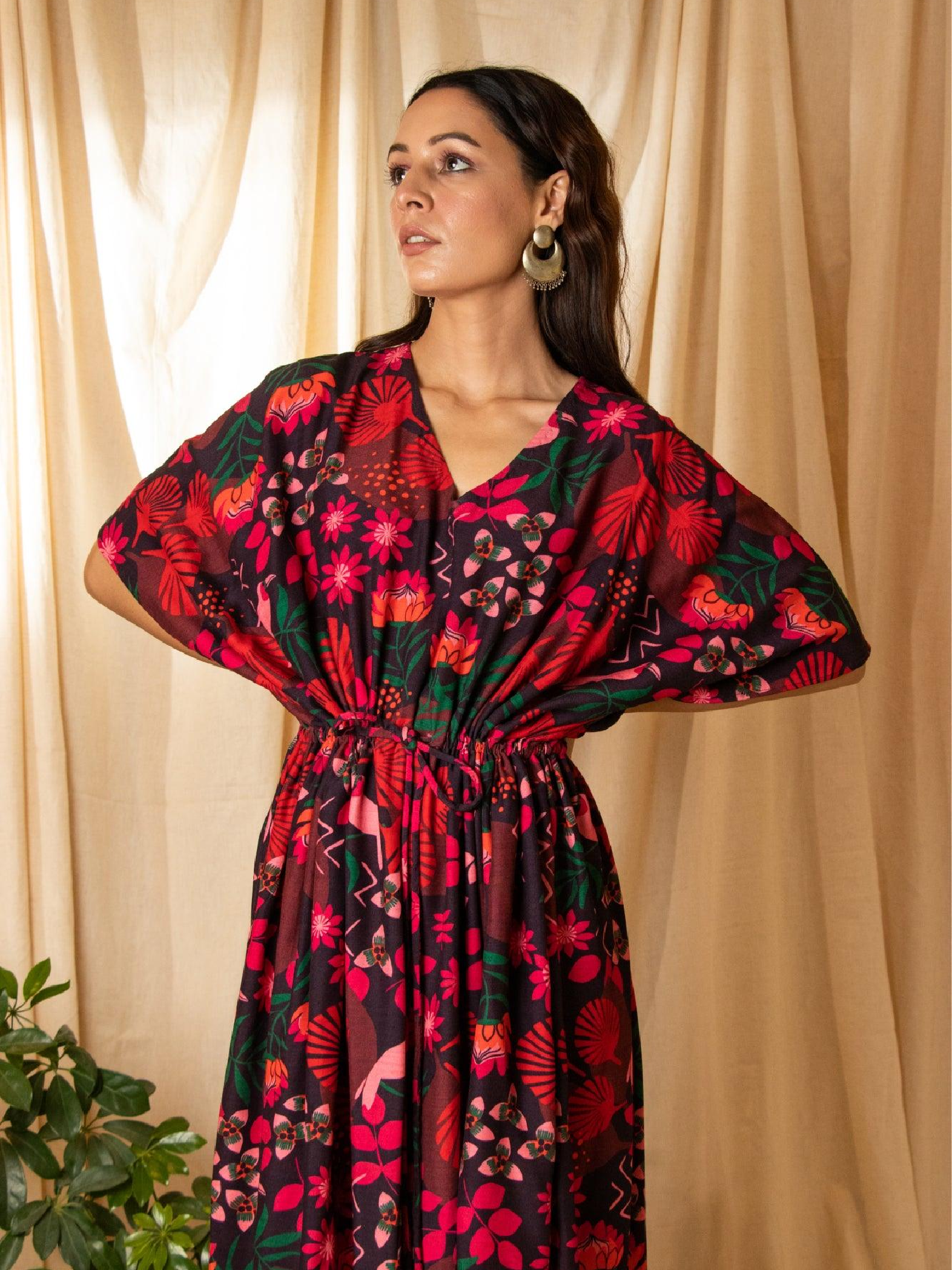 Pink Floral Kaftan Cotton Dress